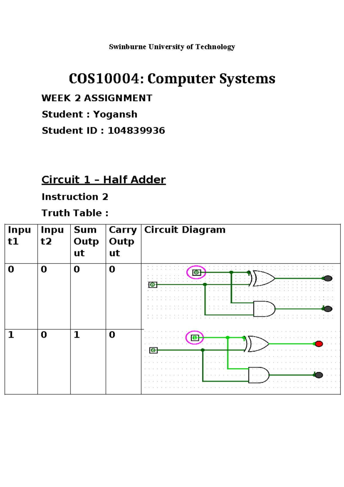 W2 Assignment 2: Half Adder & Full Adder Circuits (COS10004) - Studocu