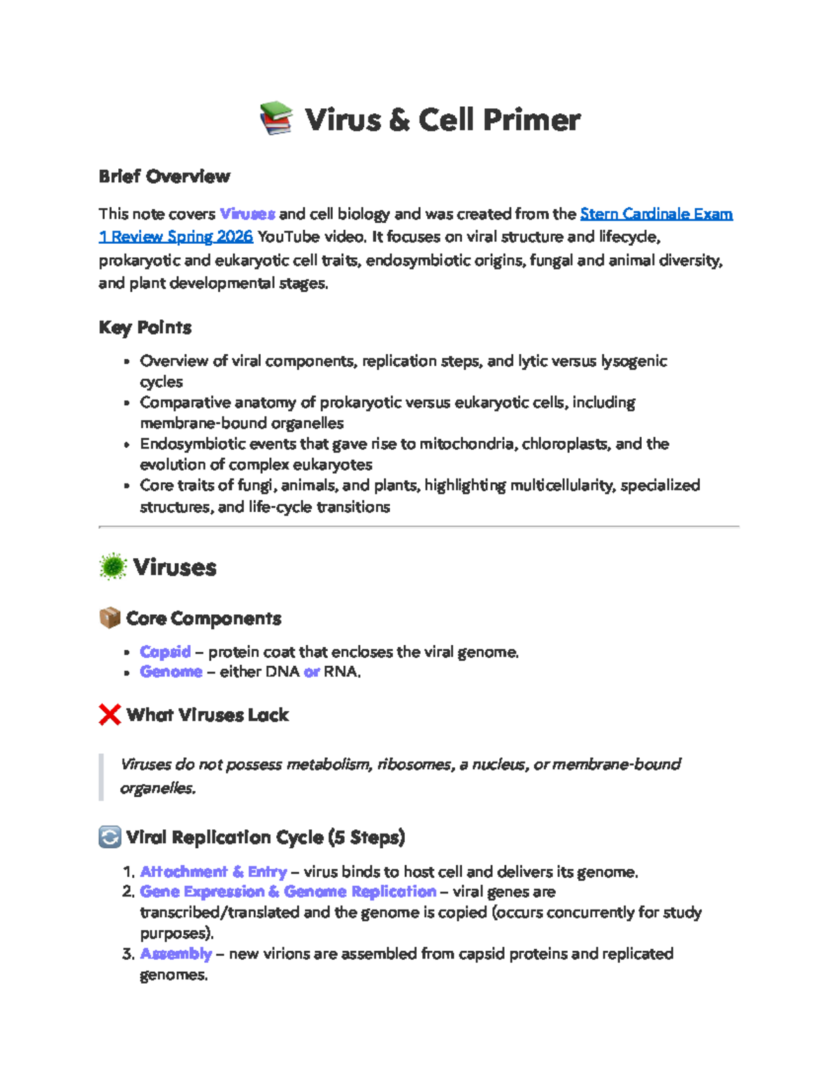 Stern Cardinale BIOL 101 Exam 1 Review: Viruses & Cell Biology Overview ...