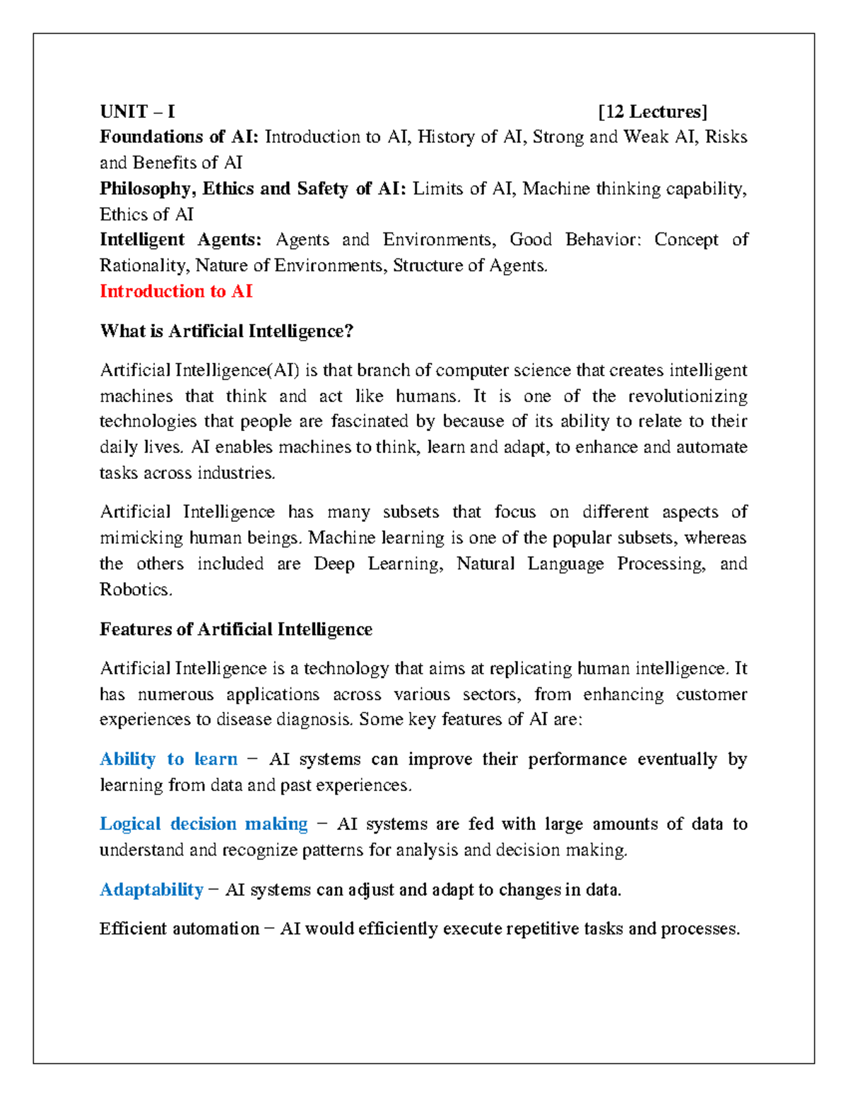 FAI-UNIT-1: Foundations of AI - Lecture Notes on Concepts and ...