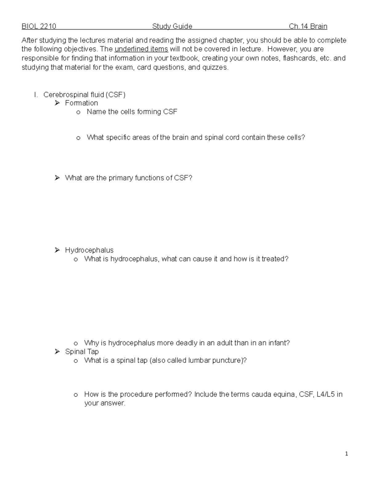 BIOL 2210 Final Exam Study Guide: Ch. 14 Brain Overview - Studocu
