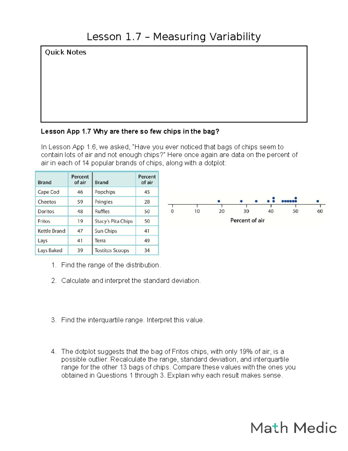 Lesson 1 7 Intro Stats Math Medic - Lesson 1 – Measuring Variability ...