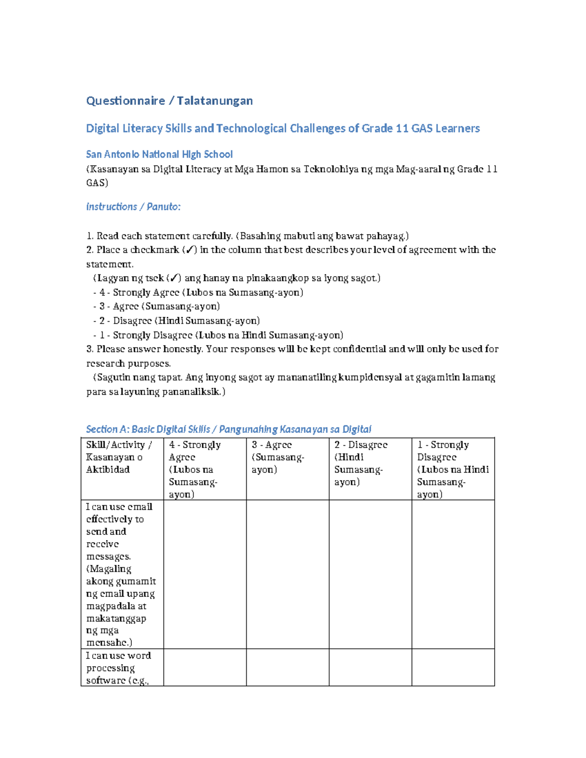 Questionnaire on Digital Literacy & Tech Challenges for Grade 11 GAS ...