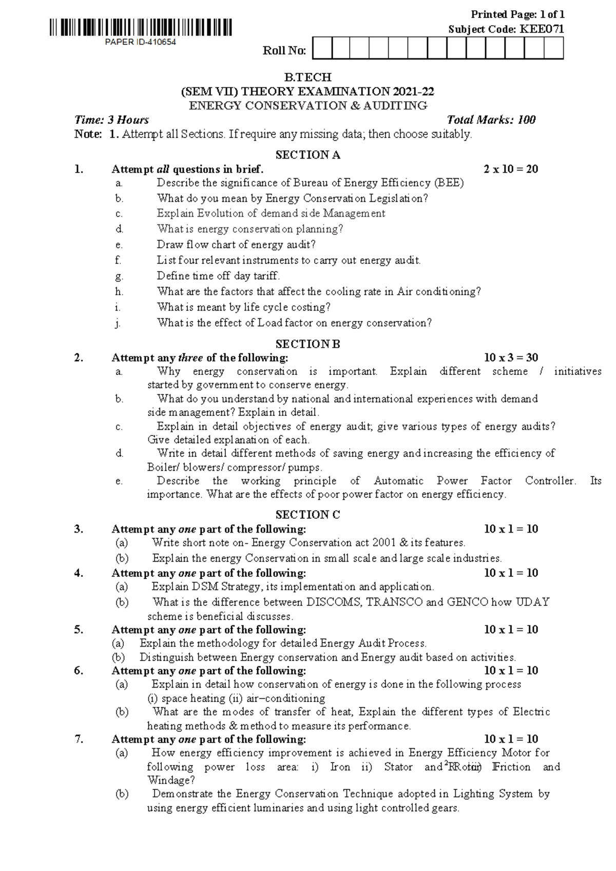 KEE071 Energy Conservation & Auditing: 7th Sem Exam Notes 2022 - Studocu