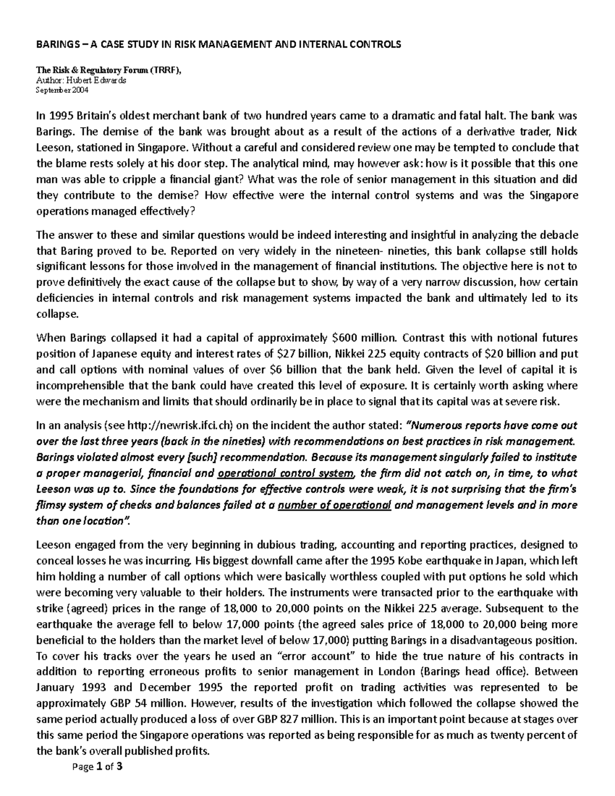 Barings – A CASE Study IN RISK Management AND Internal Controls ...