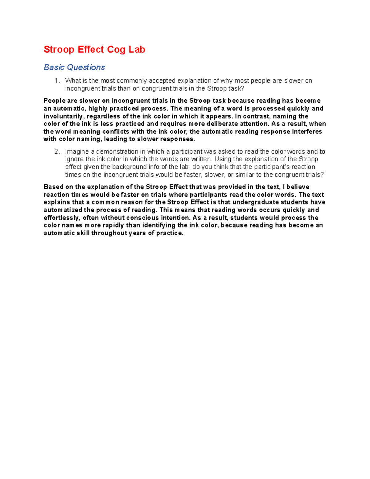 Stroop Effect Cog Lab - Basic Questions & Explanations - Studocu