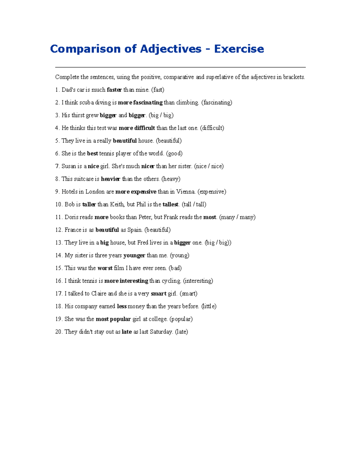 The Comparison of Adjectives Exercise (ENG 101) - Studocu