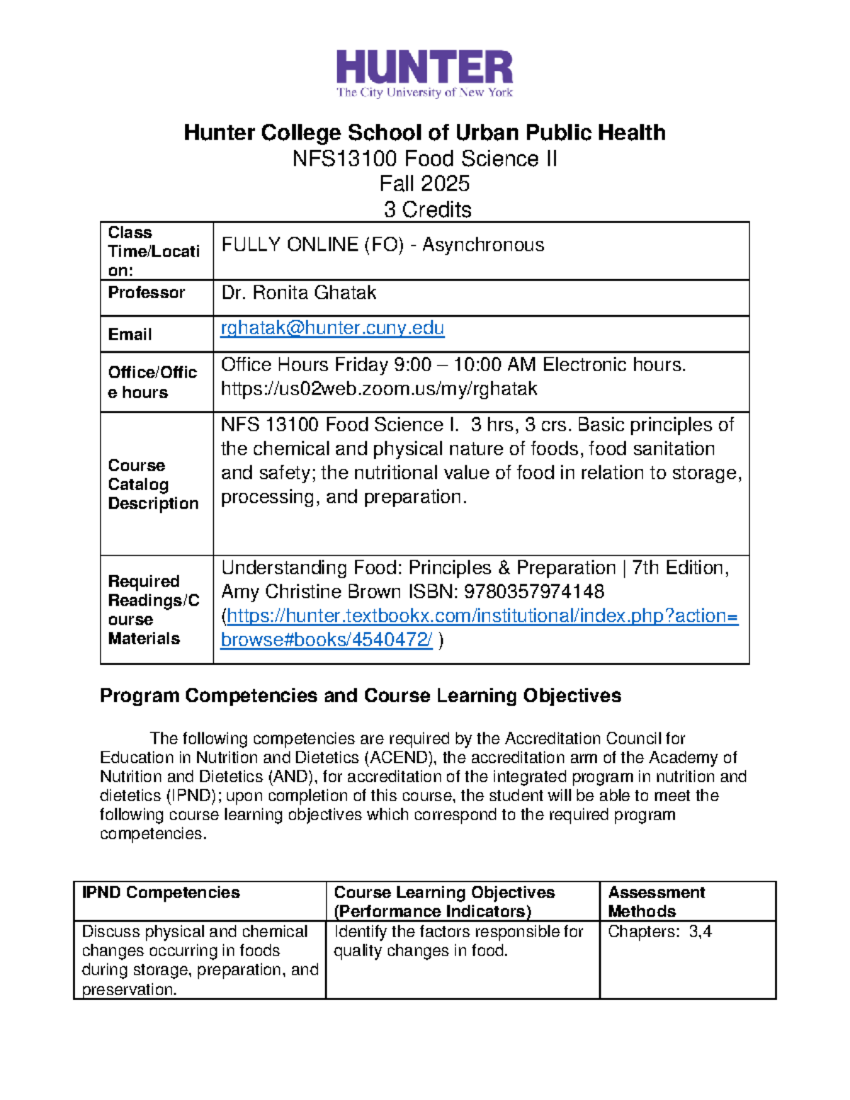 NFS13100 Food Science II Fall 2025 Syllabus and Course Overview - Studocu