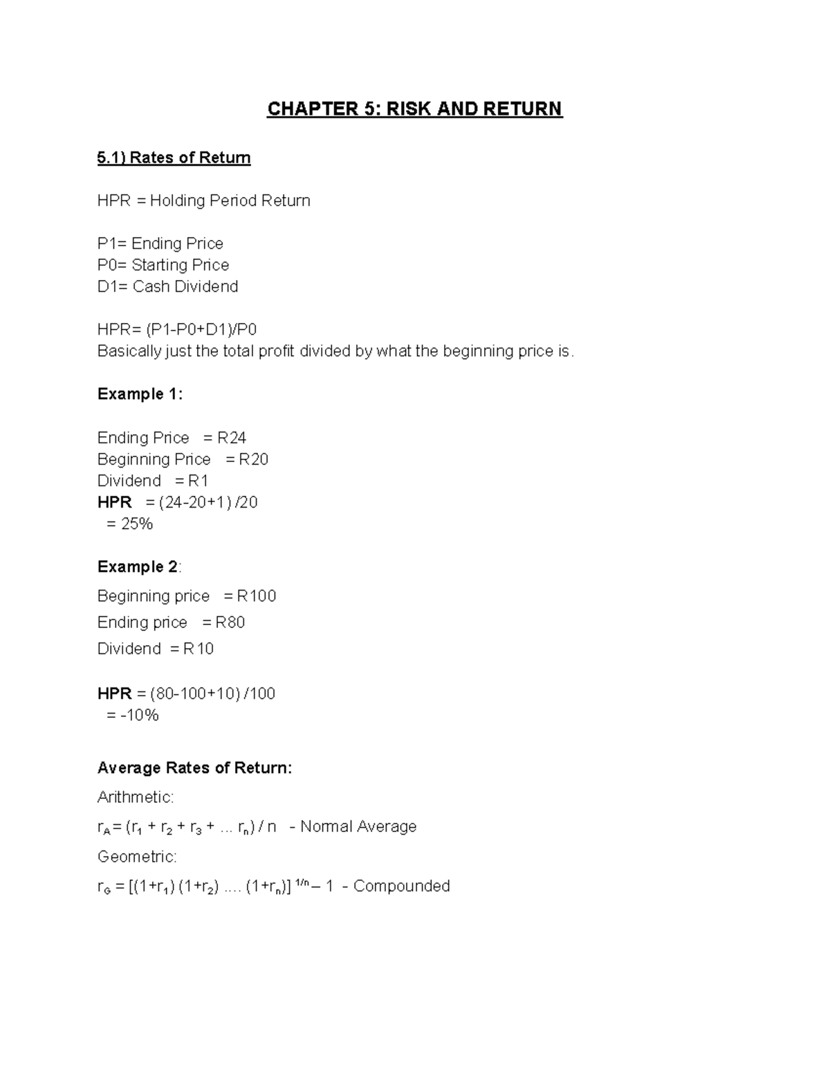Chapter 5 RISK AND Return - CHAPTER 5: RISK AND RETURN Rates of Return ...