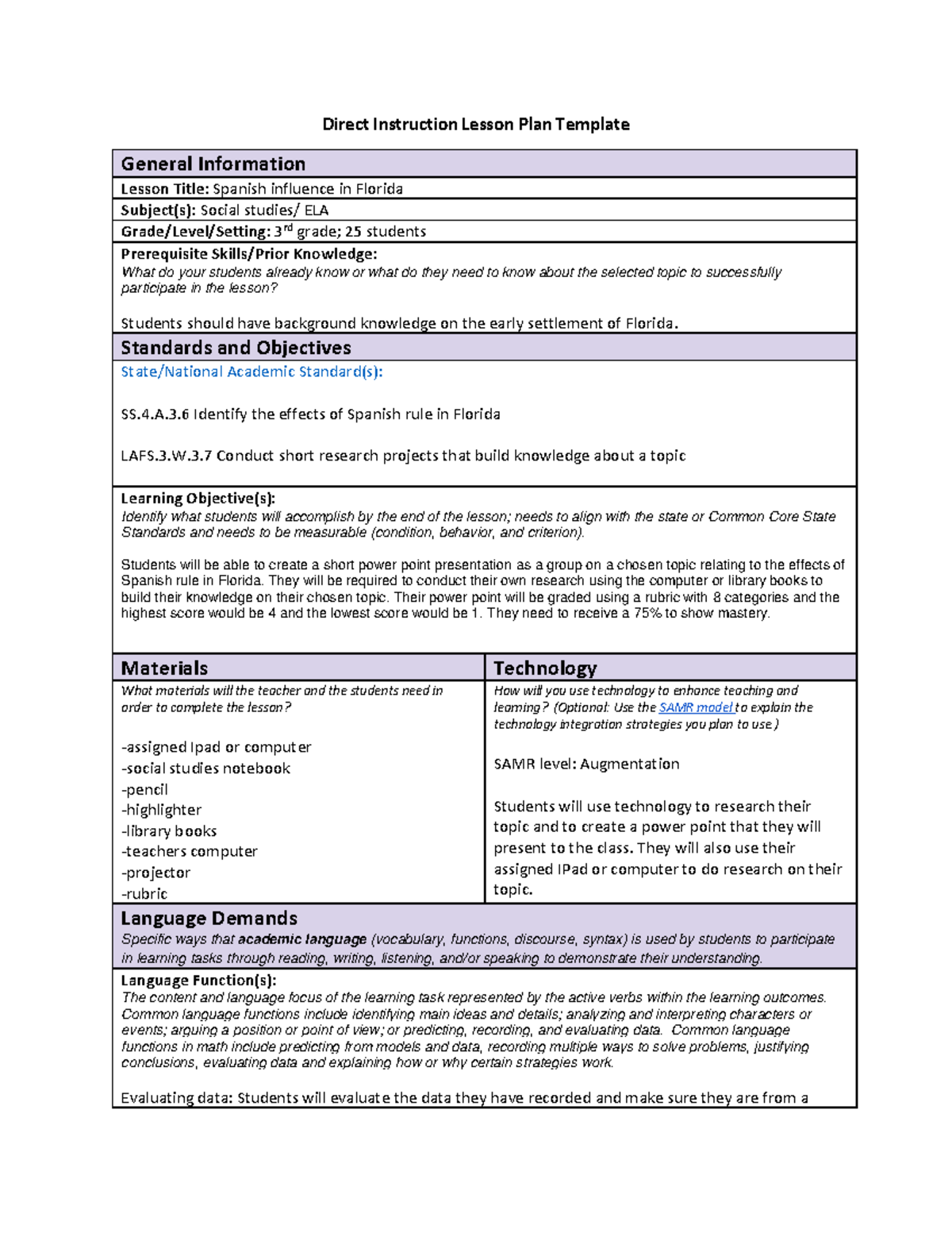 C732 - Direct Instruction Lesson Plan: Spanish Influence in Florida ...