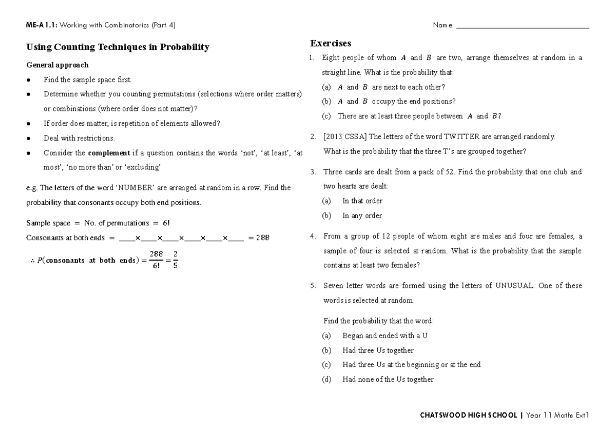 MEA1 - Combinatorics & Probability Exercises: Counting Techniques - Studocu