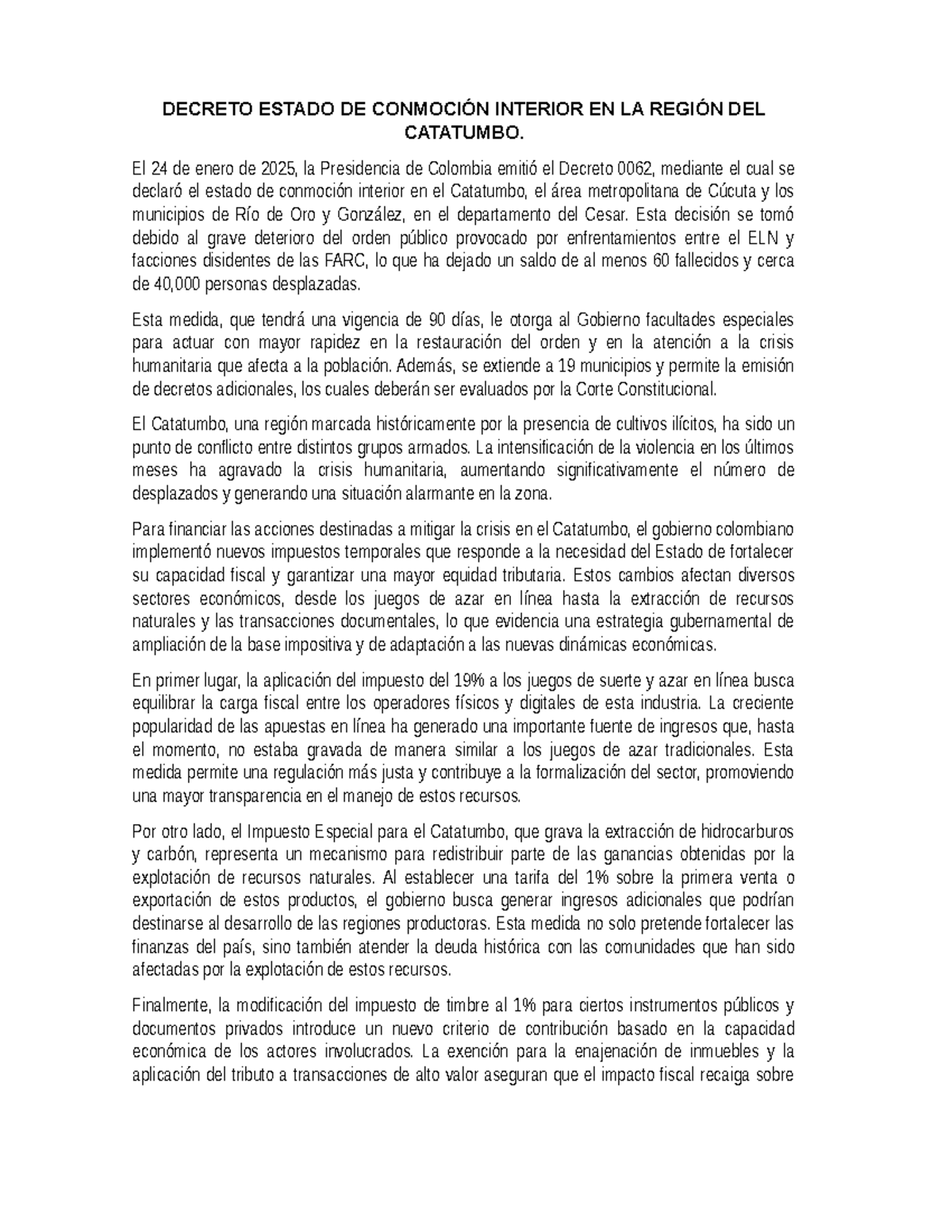 Ensayo Decreto DEL Catatumbo - DECRETO ESTADO DE CONMOCIÓN INTERIOR EN ...