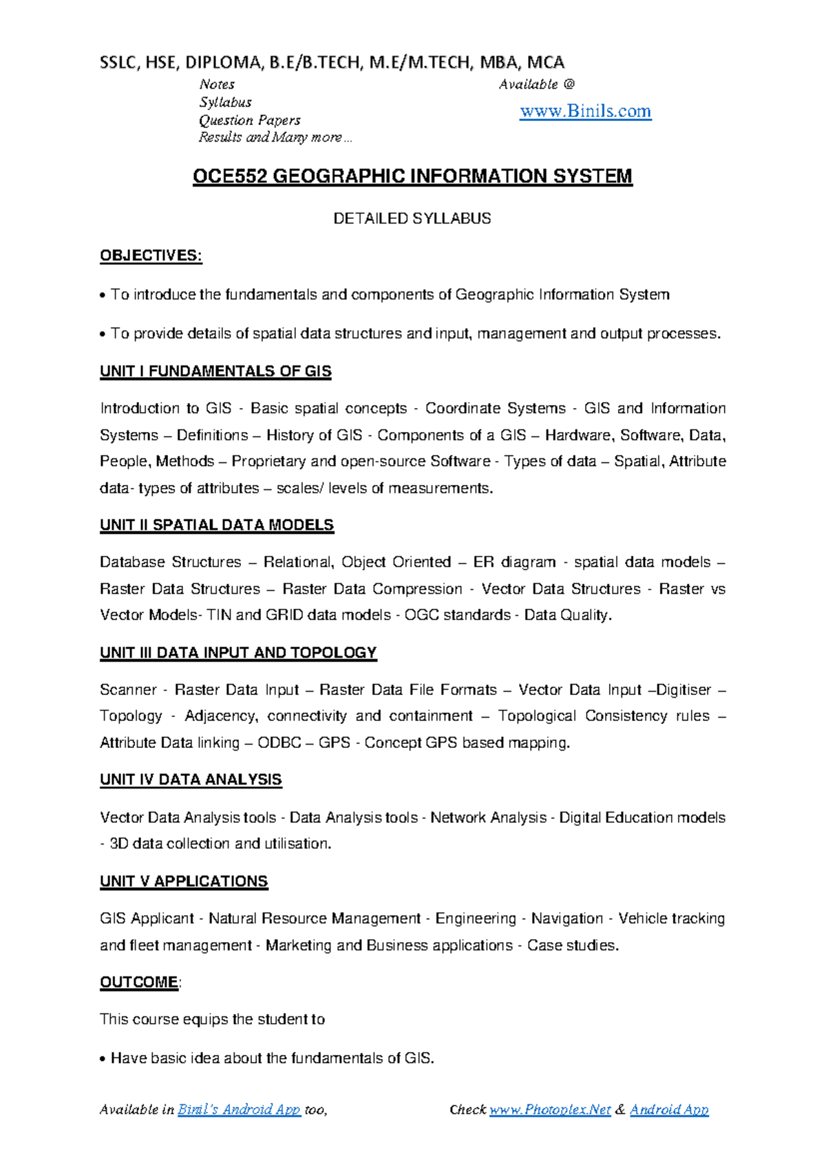 OCE552 Geographic Information Systems Course Syllabus and Notes - Studocu