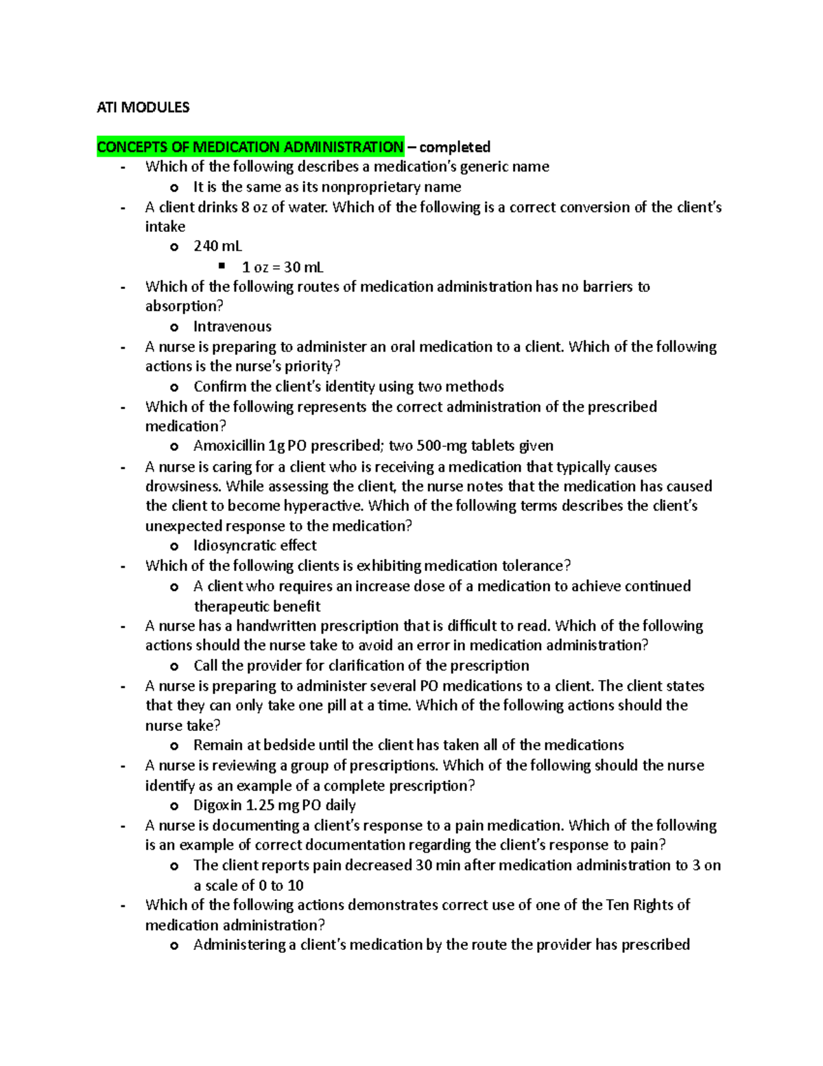 ATI Medication Administration & Dosage Calculations Notes - Studocu