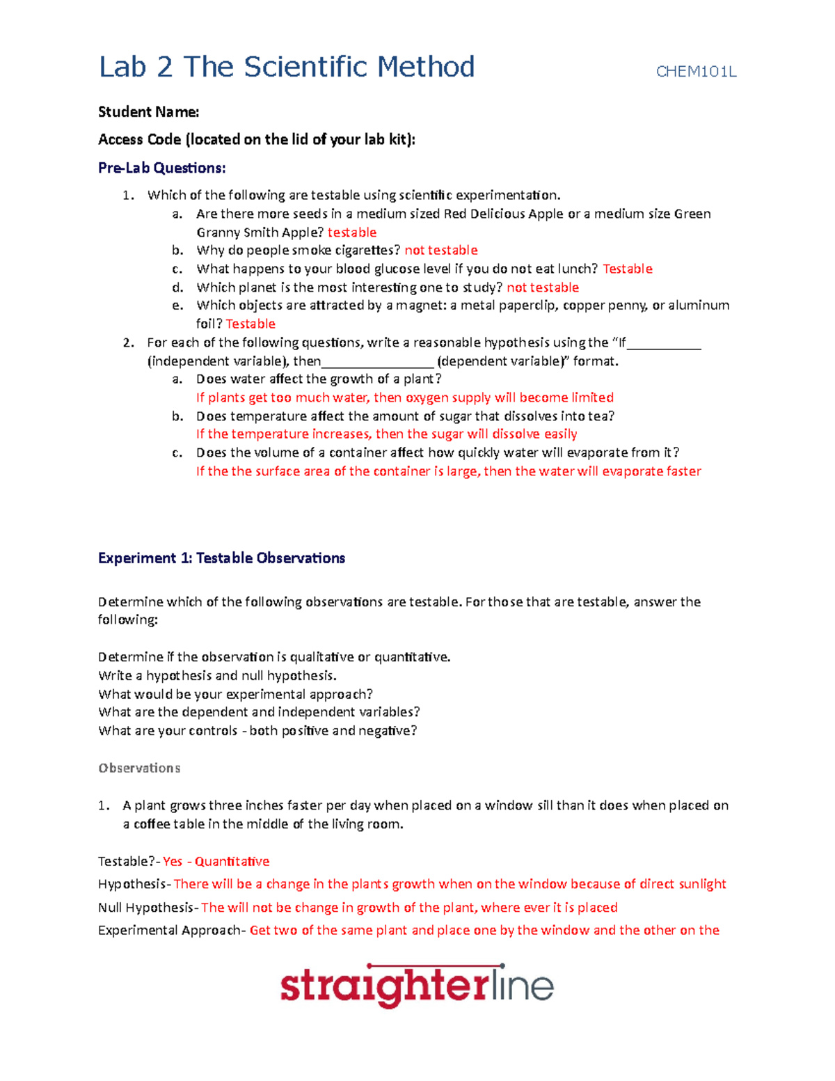 CHEM101L Lab 2 - Understanding the Scientific Method in Experiments ...