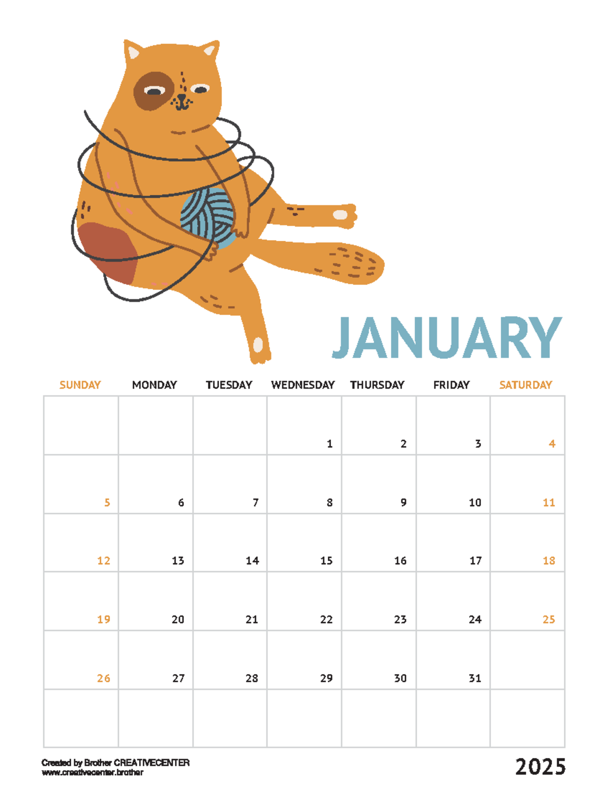 Calendario Gatos 2025 JANUARY FEBRUARY APRIL MAY SUNDAY