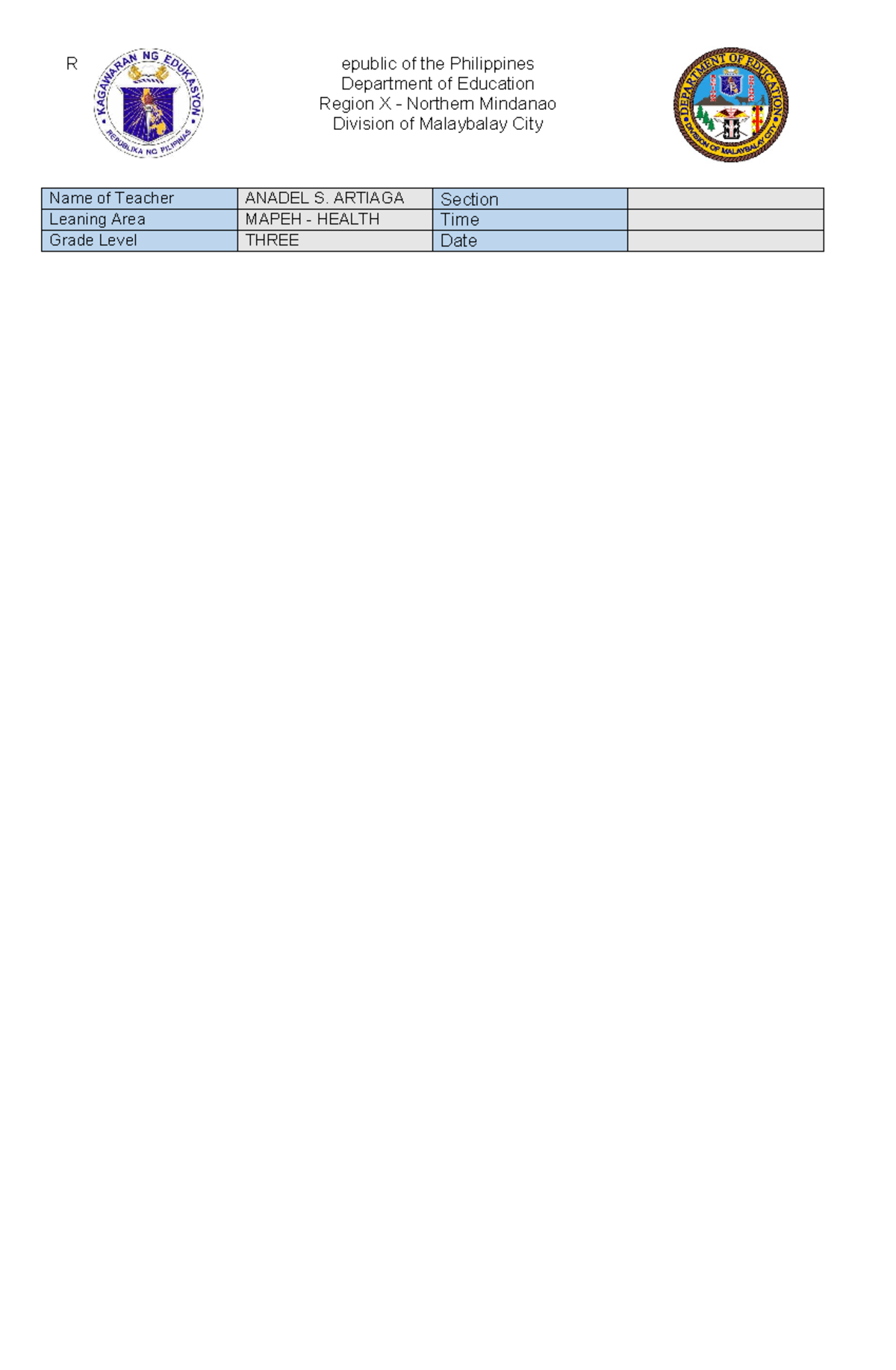 Detailed Lesson Plan: MAPEH Health 3 Q4 Week 5 - Studocu