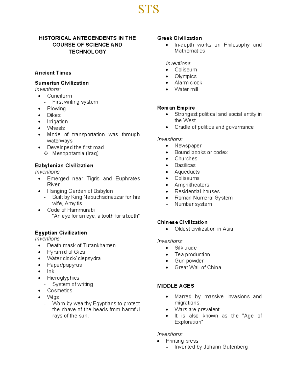 STS Lecture Notes: Historical Antecedents in Science & Technology - Studocu