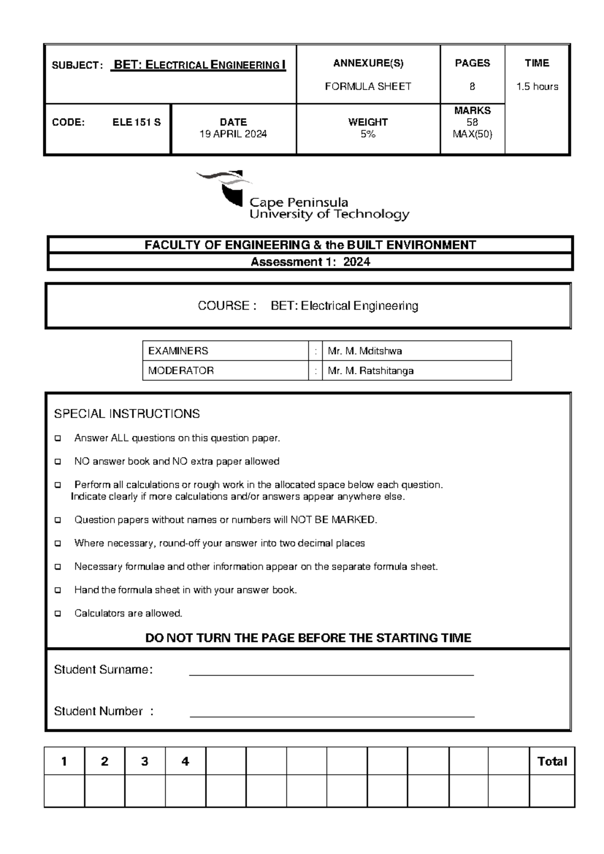 2024 ELE151S - Electrical Engineering I Assessment 1 Memo - Studocu