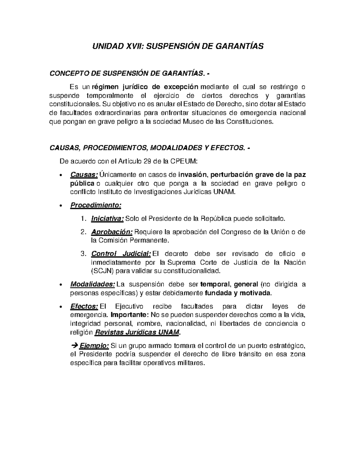 UNIDAD XVII: SUSPENSIÓN DE GARANTÍAS EN DERECHO CONSTITUCIONAL I - Studocu