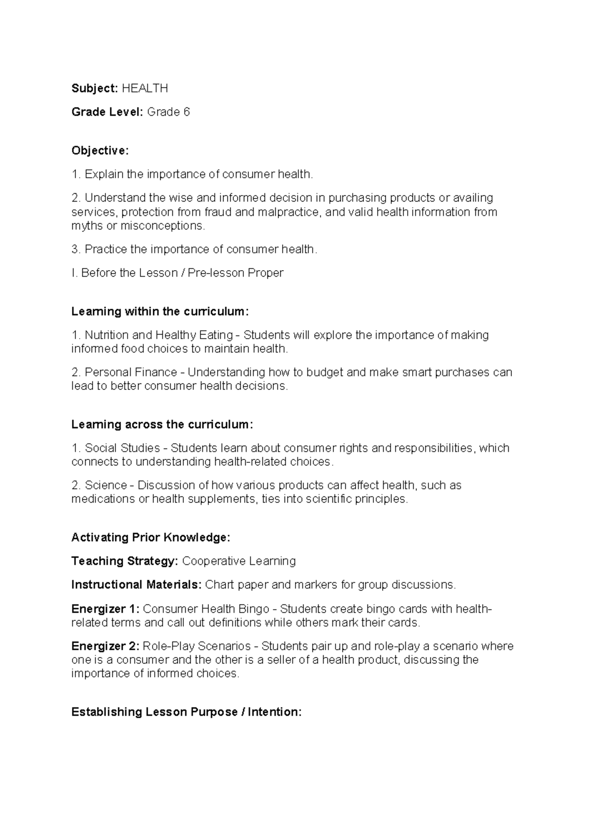 HEA 6: Lesson Plan on Consumer Health Education for Grade 6 - Studocu