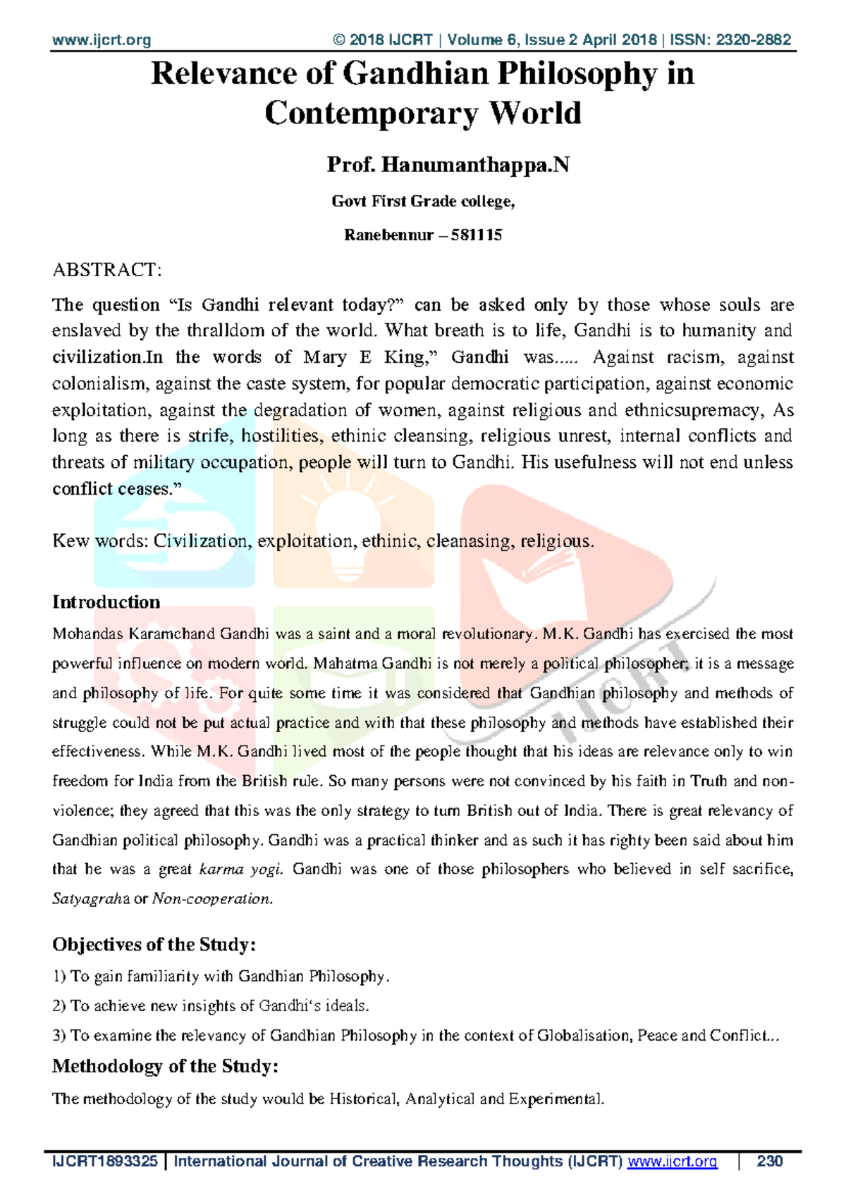 Relevance of Gandhian Philosophy in Today's World - IJCRT 1893325 - Studocu