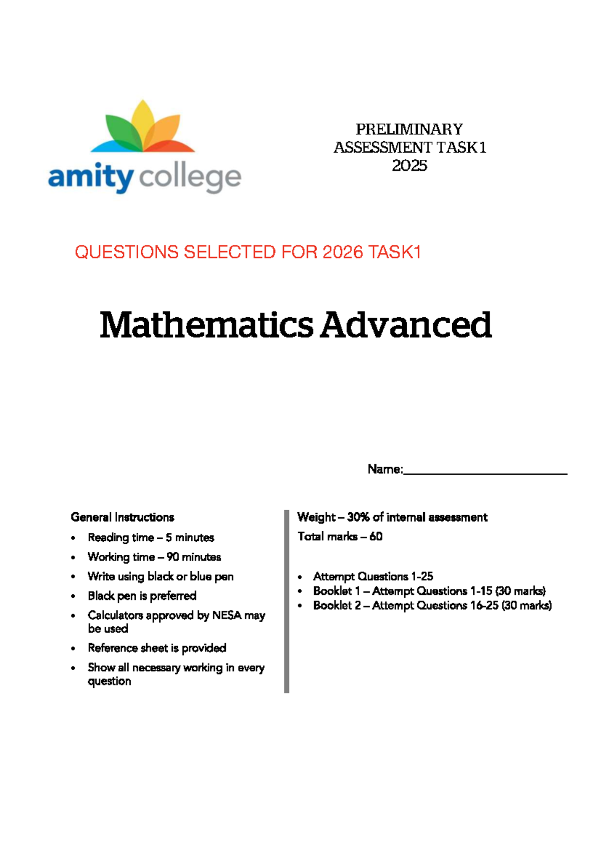2025 MAT ADV Preliminary Assessment Task 1 Questions for 2026 - Studocu