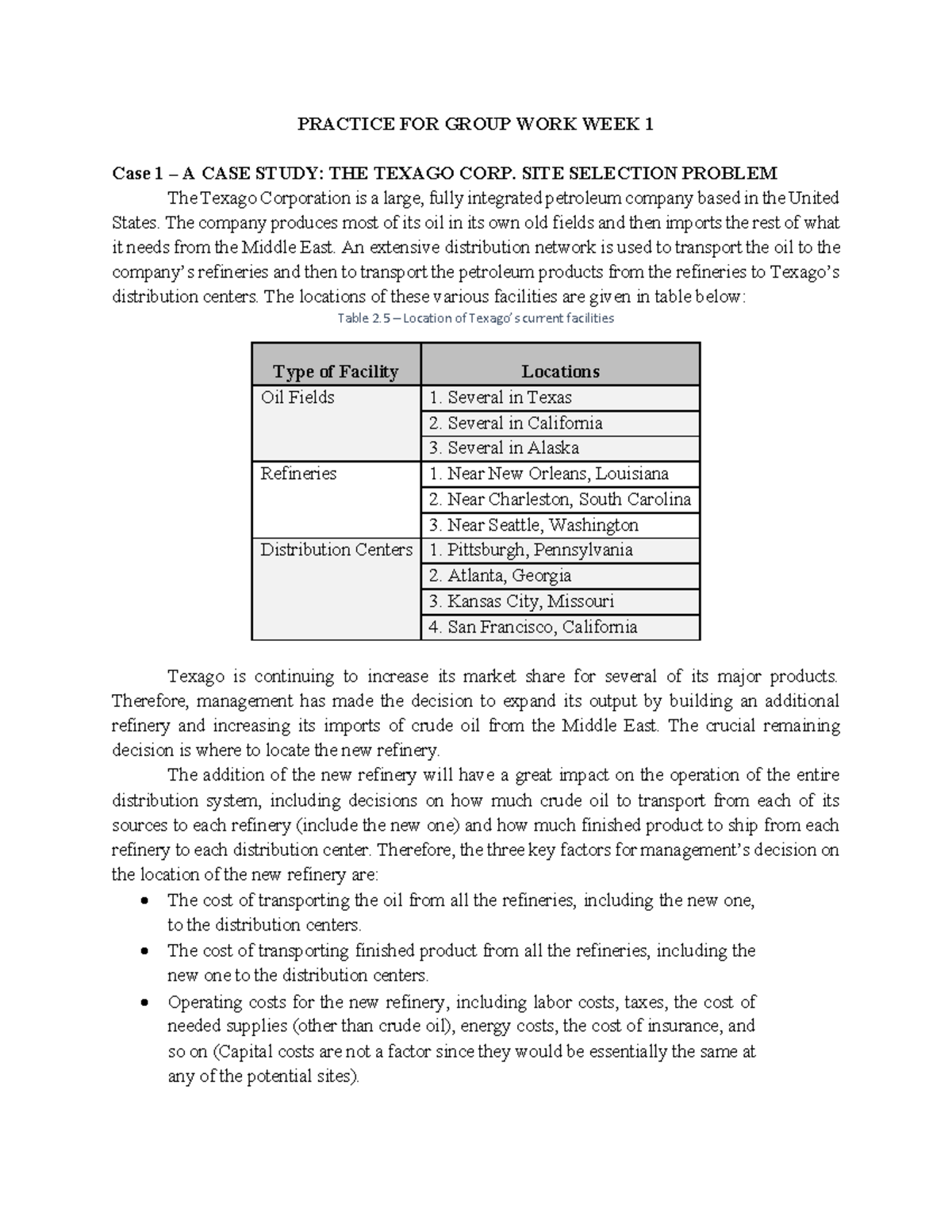 BT1 Case Study: Texago Corp. Site Selection Problem Analysis - Studocu