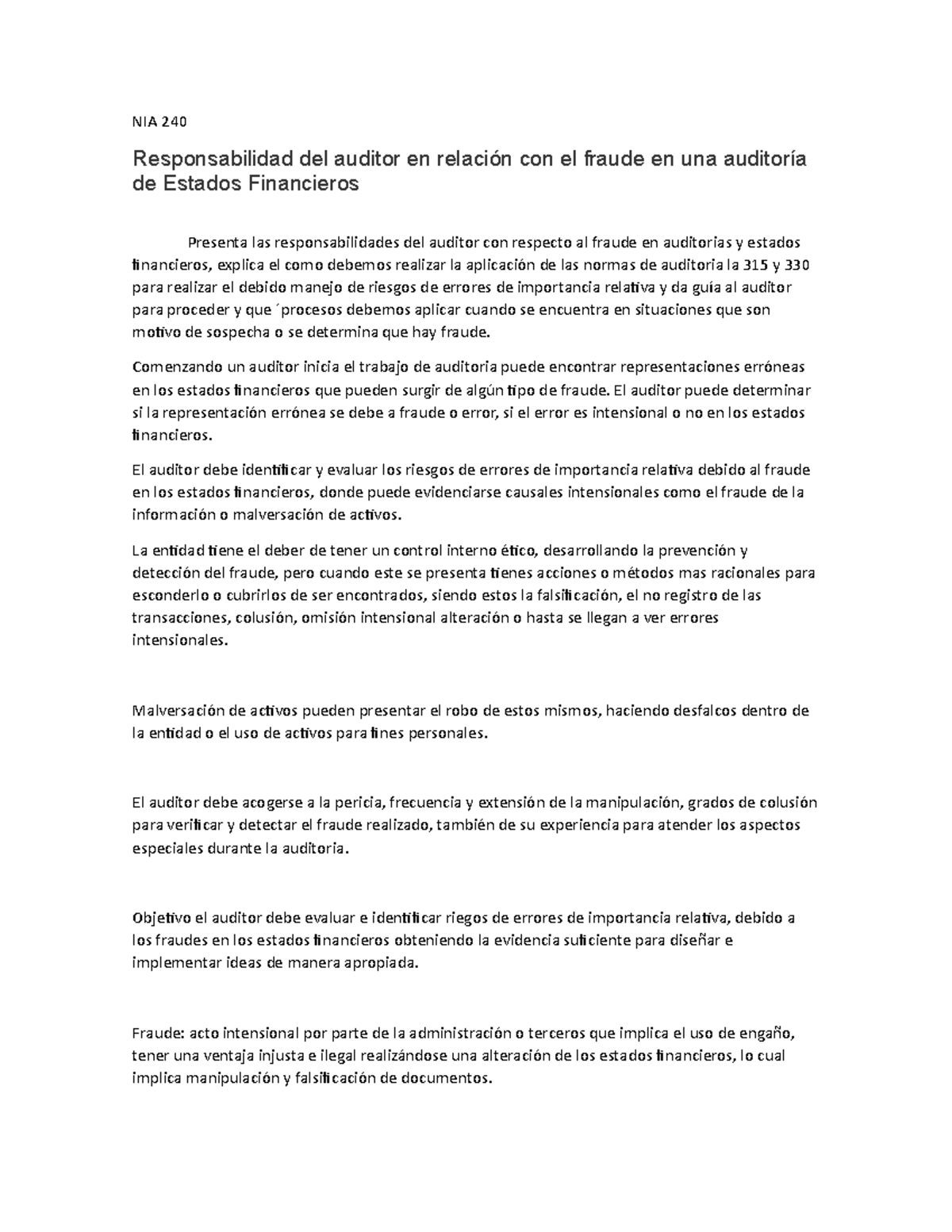 NIA 240 - Resumen sobre el Fraude en Auditorías de Estados Financieros ...