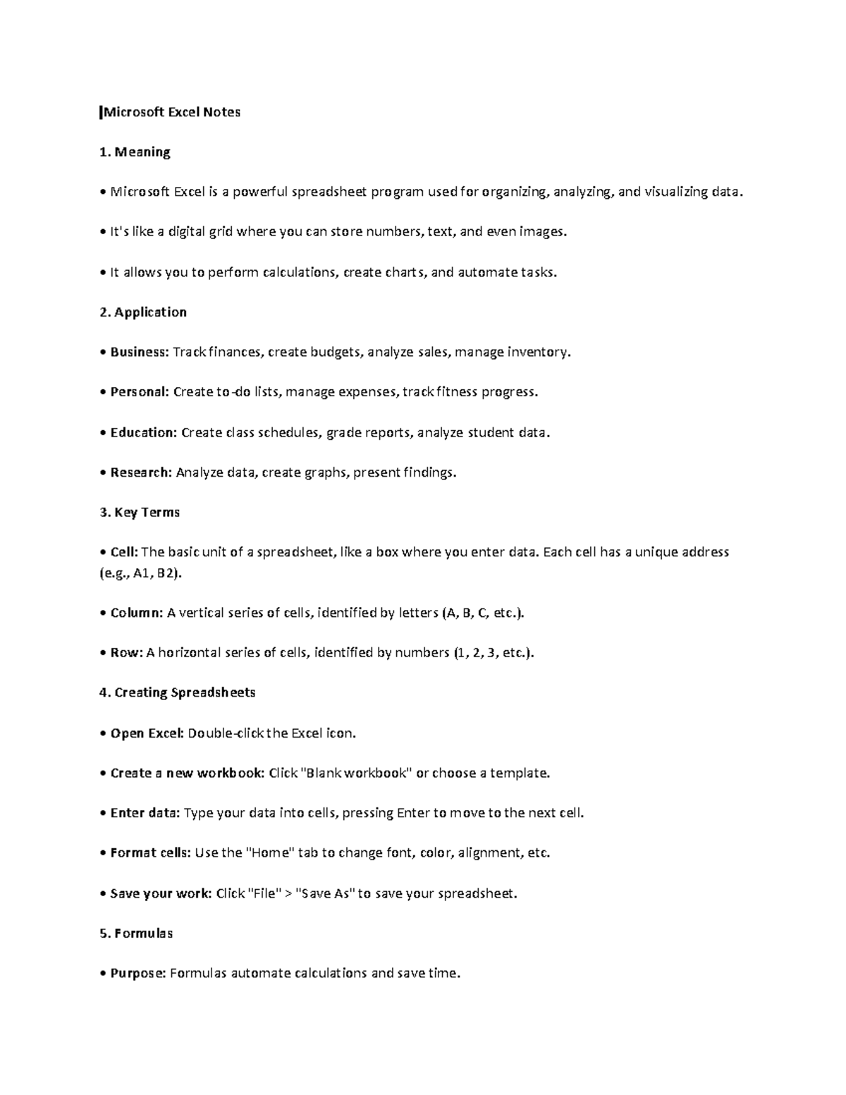 Microsoft Excel Notes: Overview, Applications, and Key Terms - Studocu