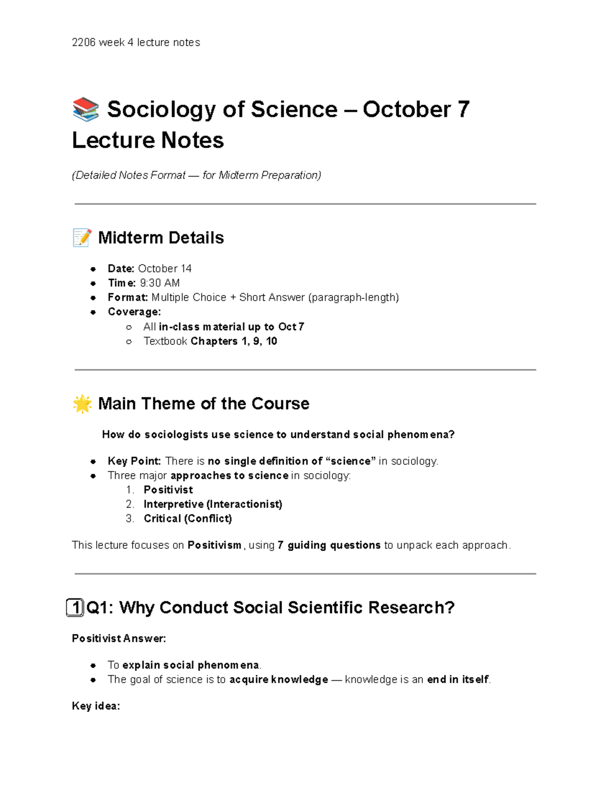 2206 Week 4 Lecture Notes: Positivism in Sociology for Midterm Prep ...