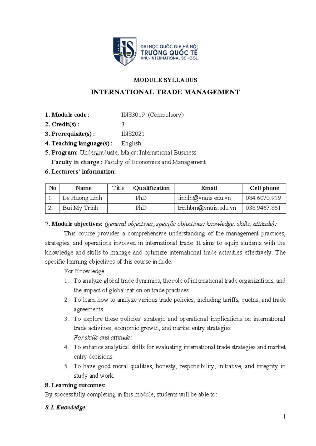 Syllabus INS3019 International Trade Management: Course Overview for EN ...