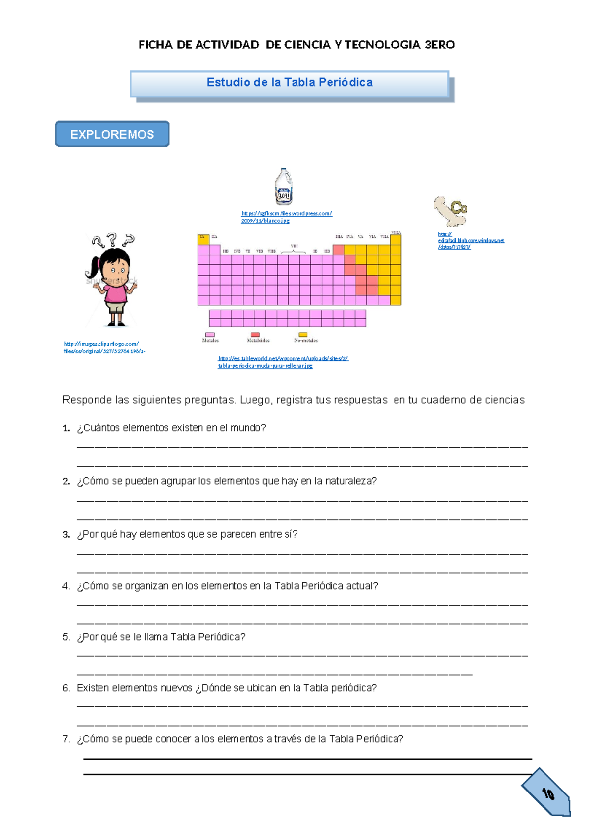 Ficha de Actividad de Ciencia y Tecnología 3ERO: Estudio de la Tabla Periódica - Document Preview