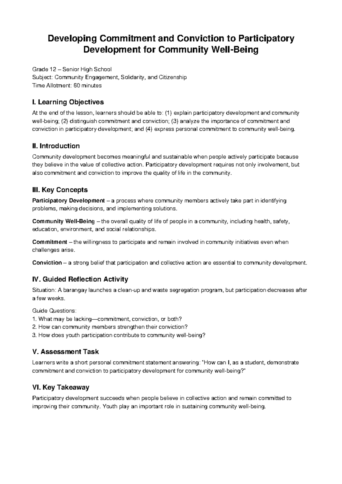 Full Lesson on Participatory Development for Grade 12 - Studocu