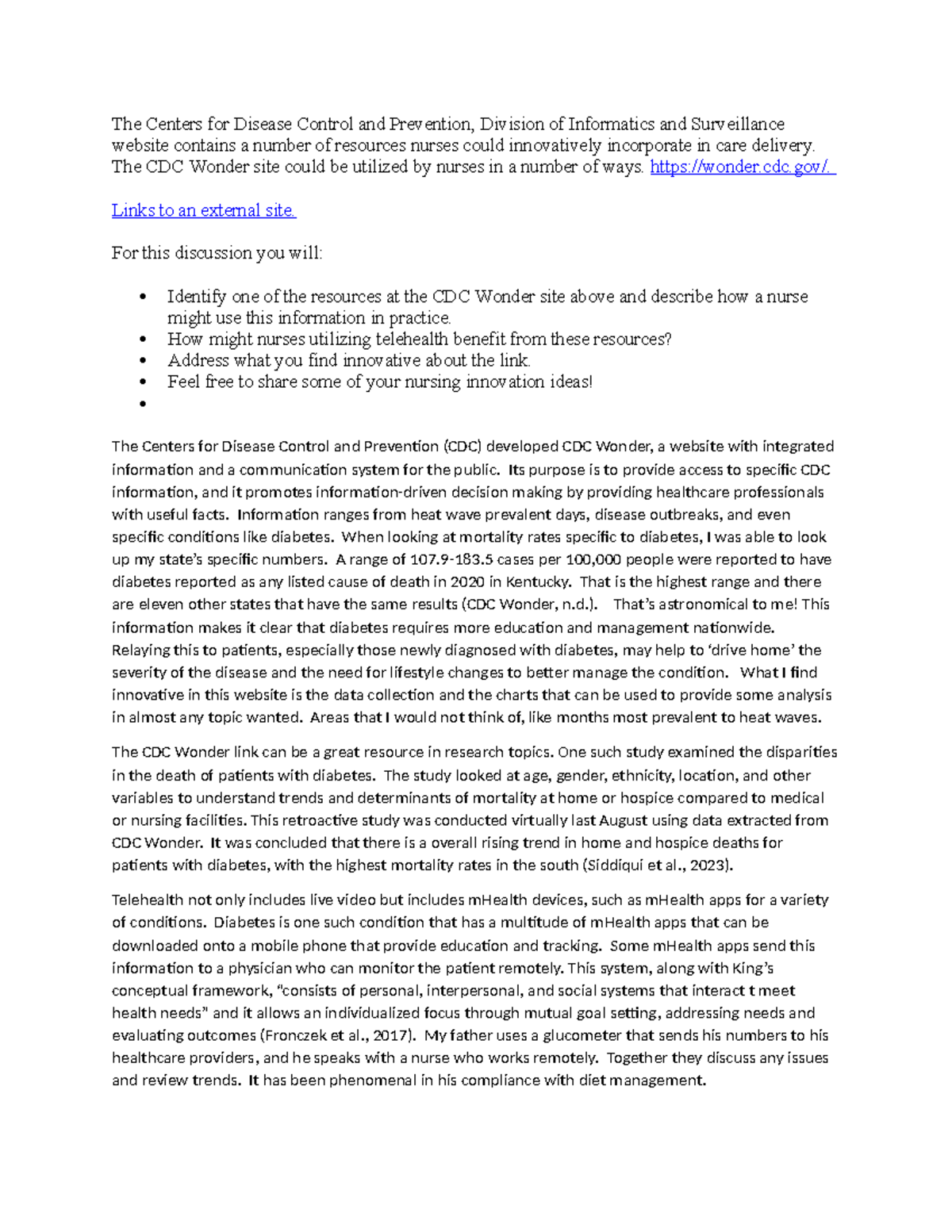 week 7 discussion - The Centers for Disease Control and Prevention ...