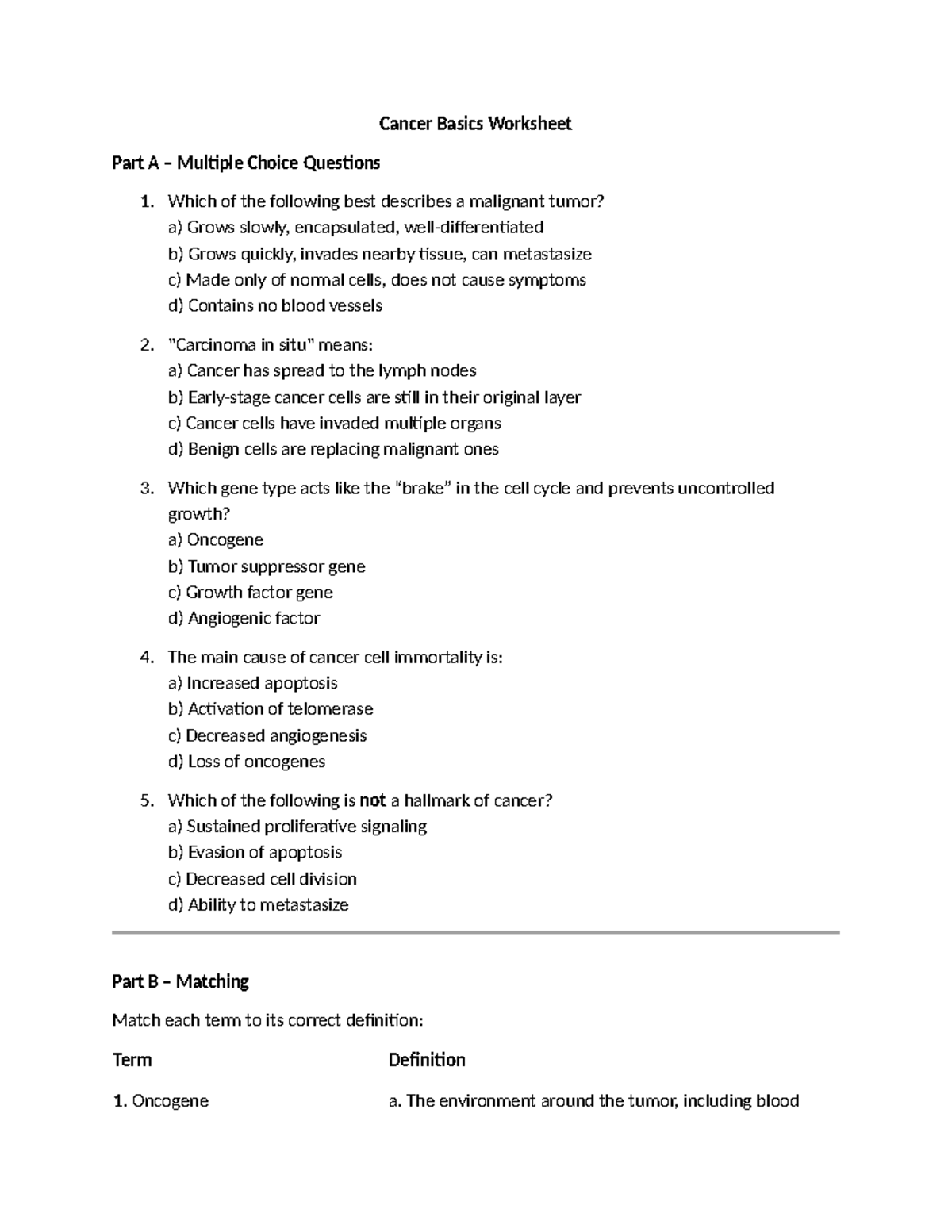 Cancer Basics Worksheet: Exam Prep Q&A for Course Code CB101 - Studocu