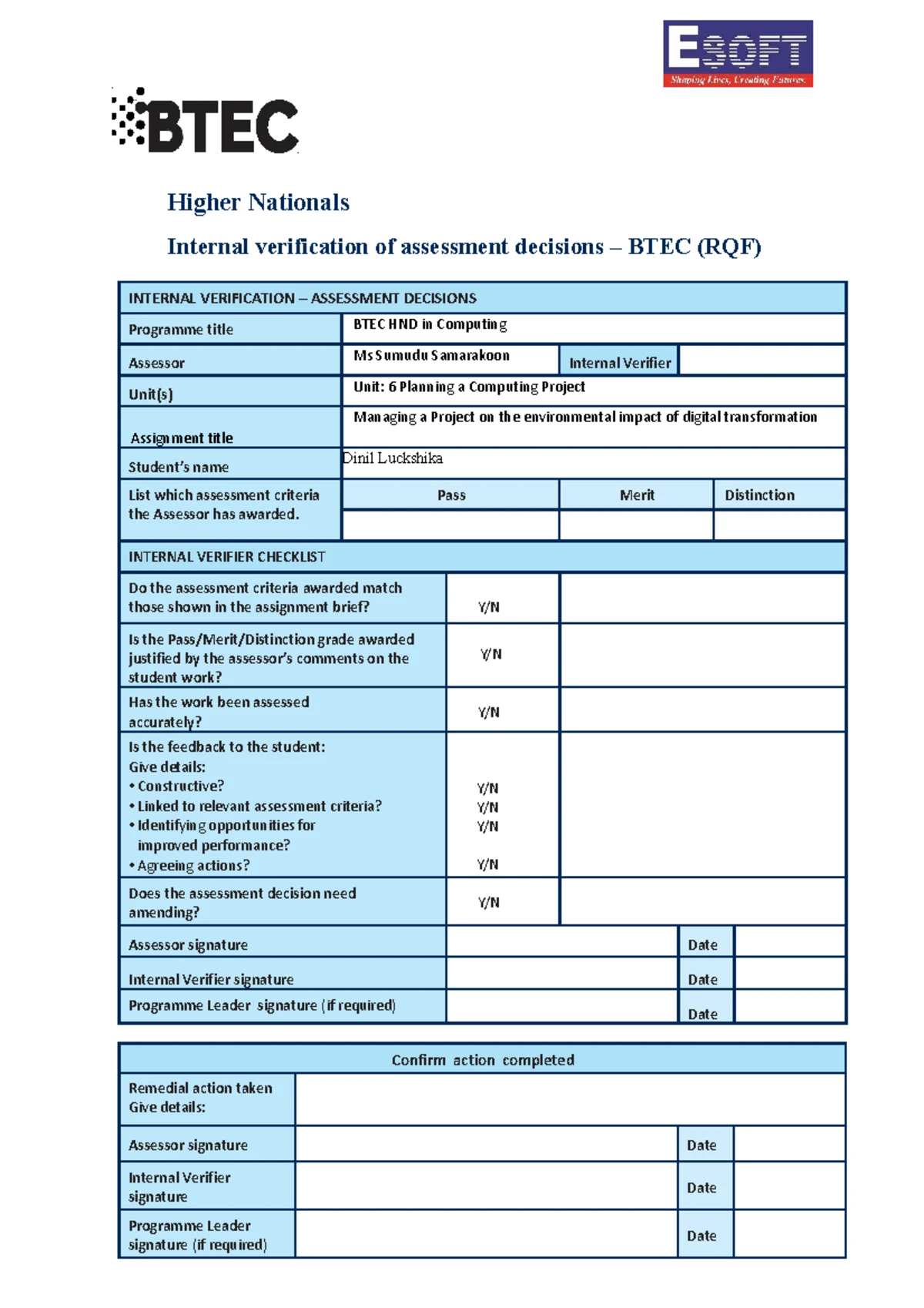 BTEC HND Computing Unit 18: Internal Verification of Assessment ...