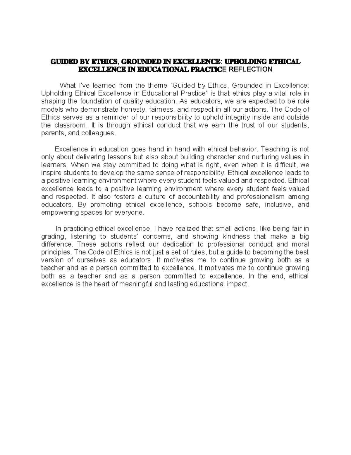 Reflection on Ethical Excellence in Education: Upholding Integrity ...
