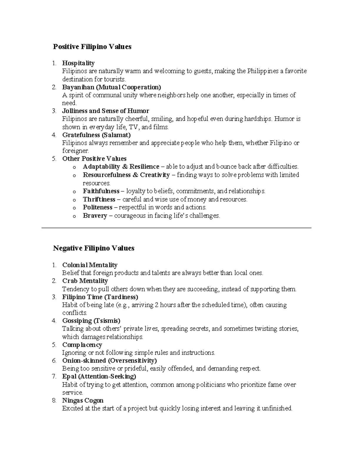 Positive and Negative Filipino Values - ETHS Reviewer - Studocu