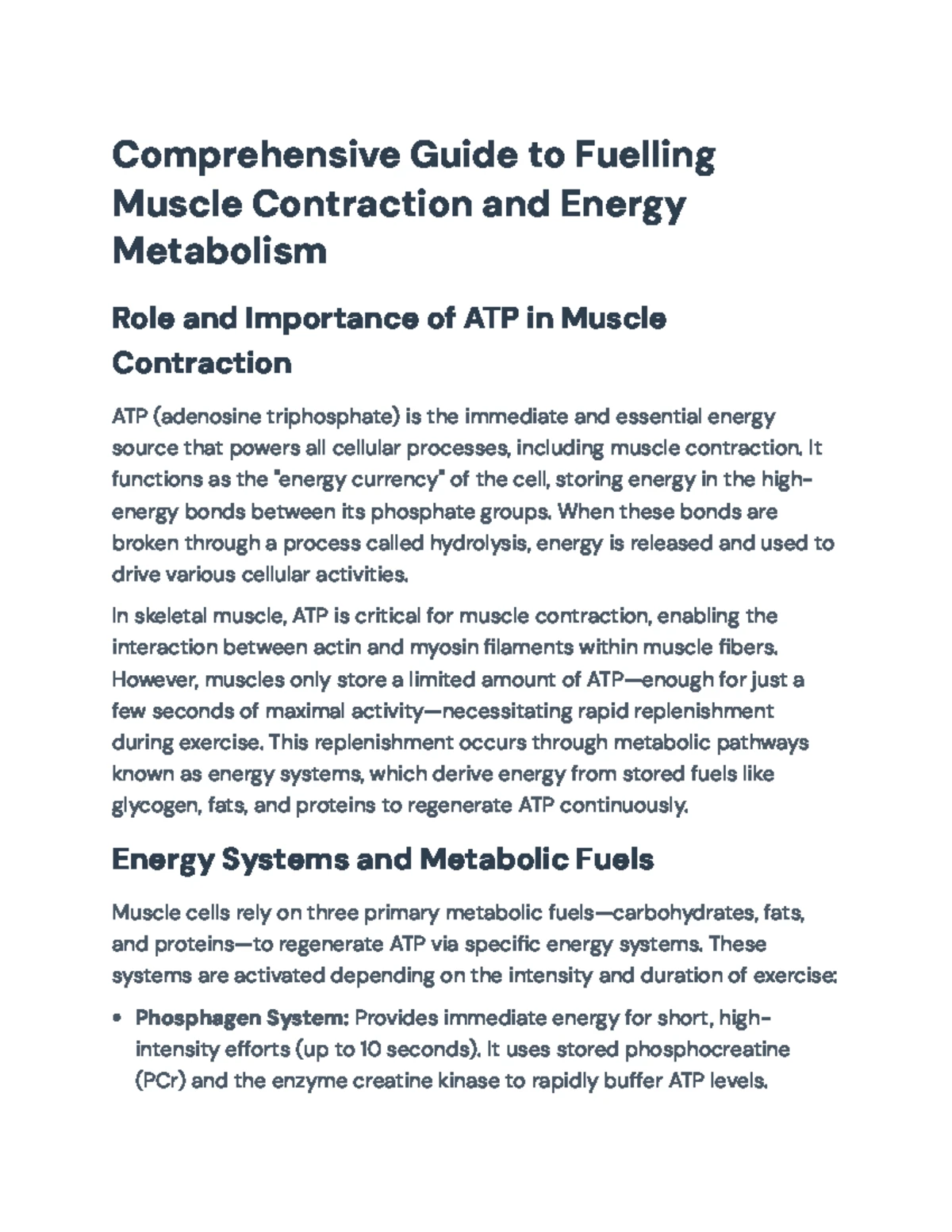 Energy Transfer & Metabolic Fuels for Muscle Contraction (Weeks 1-4 ...