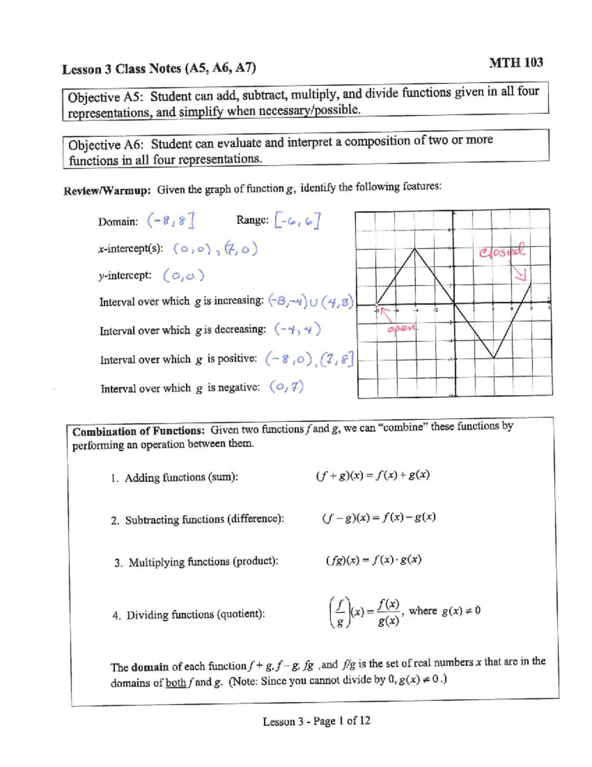 Lesson 3 Class Notes (A5, A6, A7) MTH 103: Functions and Operations ...