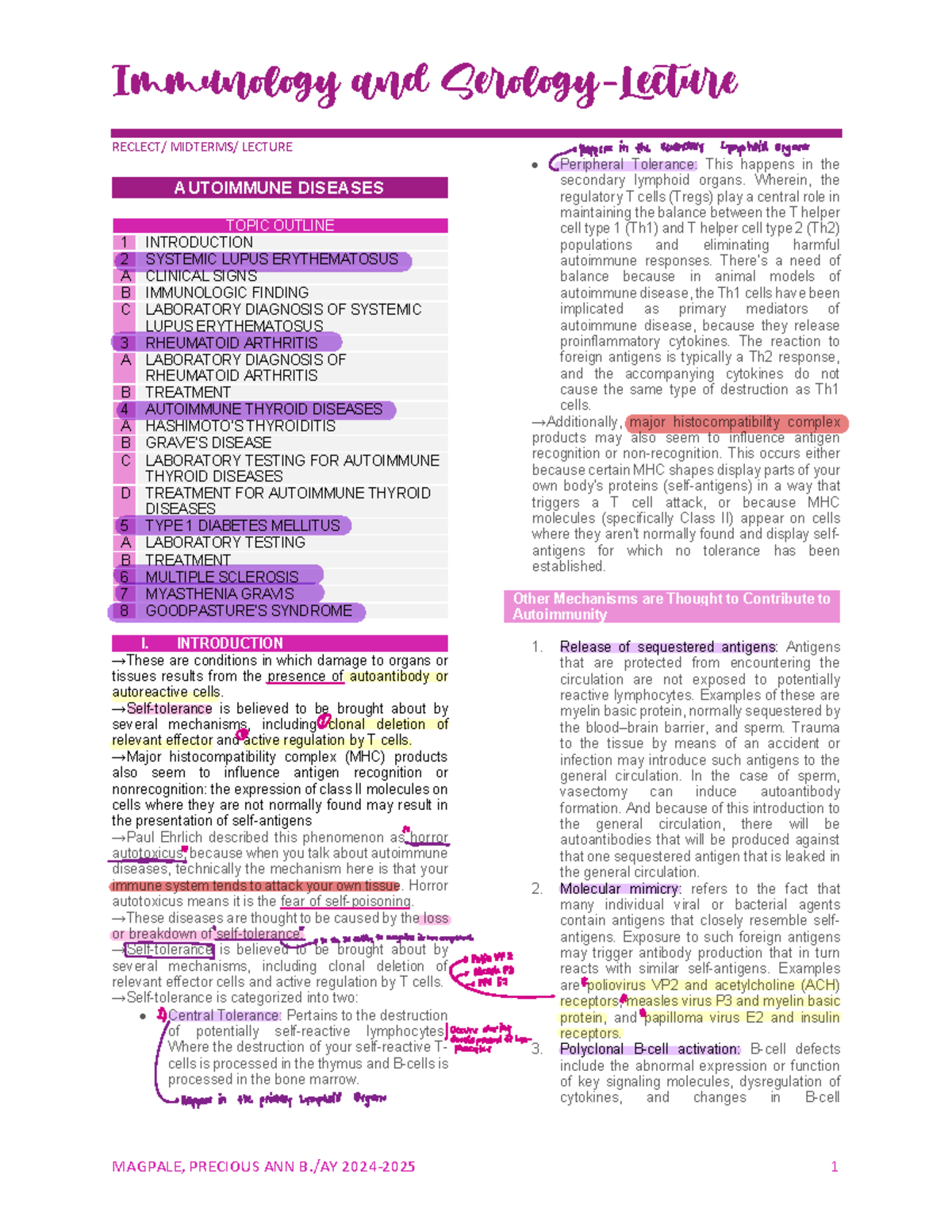 Immunology LECTURE: Autoimmune Diseases Overview (IS LEC) - Studocu
