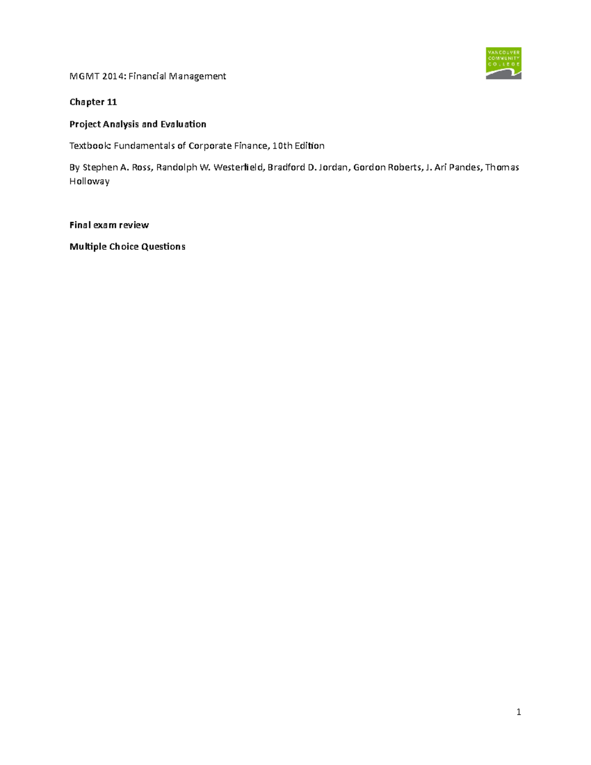 FIN - CH11 Final Exam Review Multiple Choice Questions - Studocu