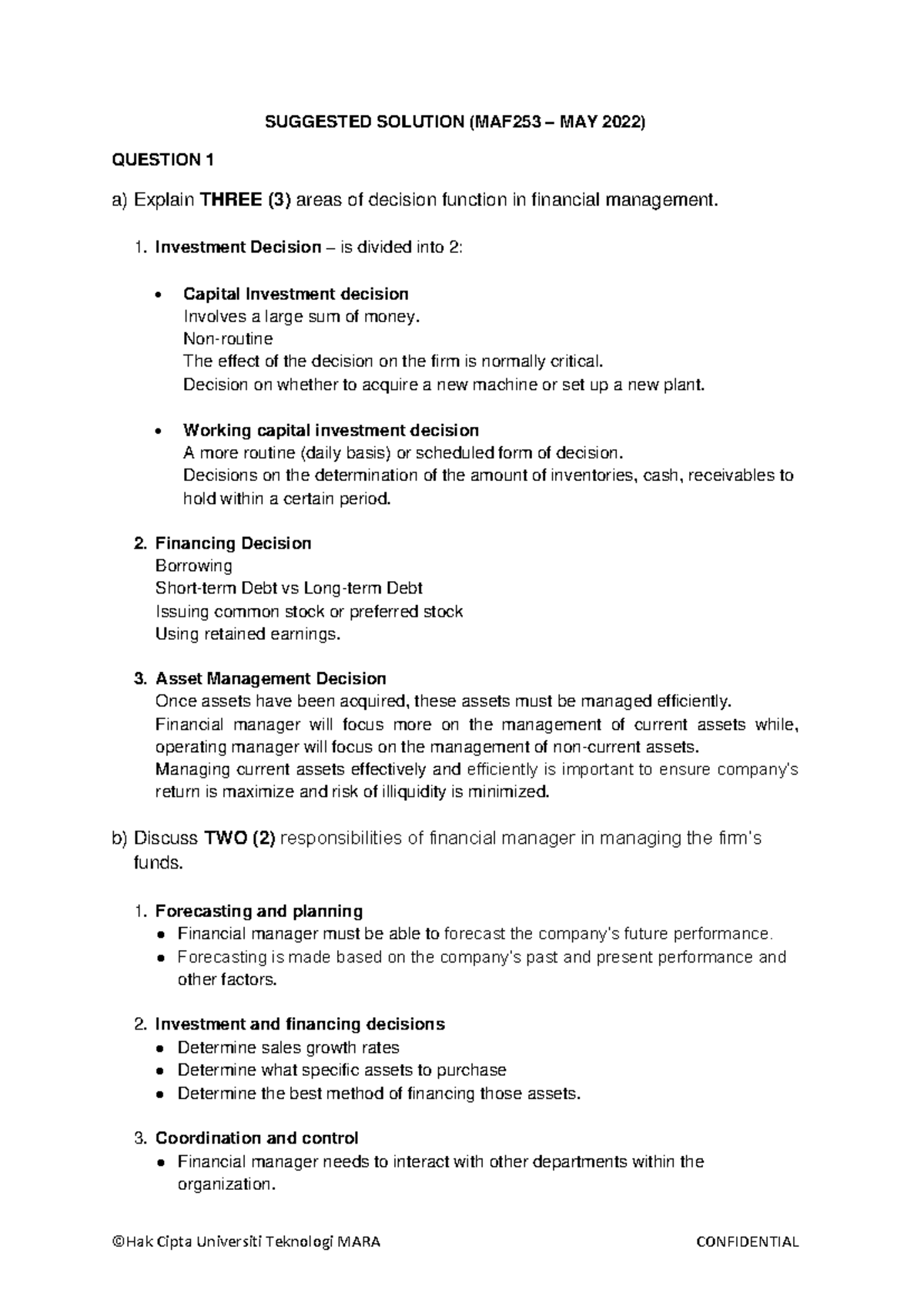 MAF253 - Suggested Solutions for May 2022 Financial Management Exam - Document Preview