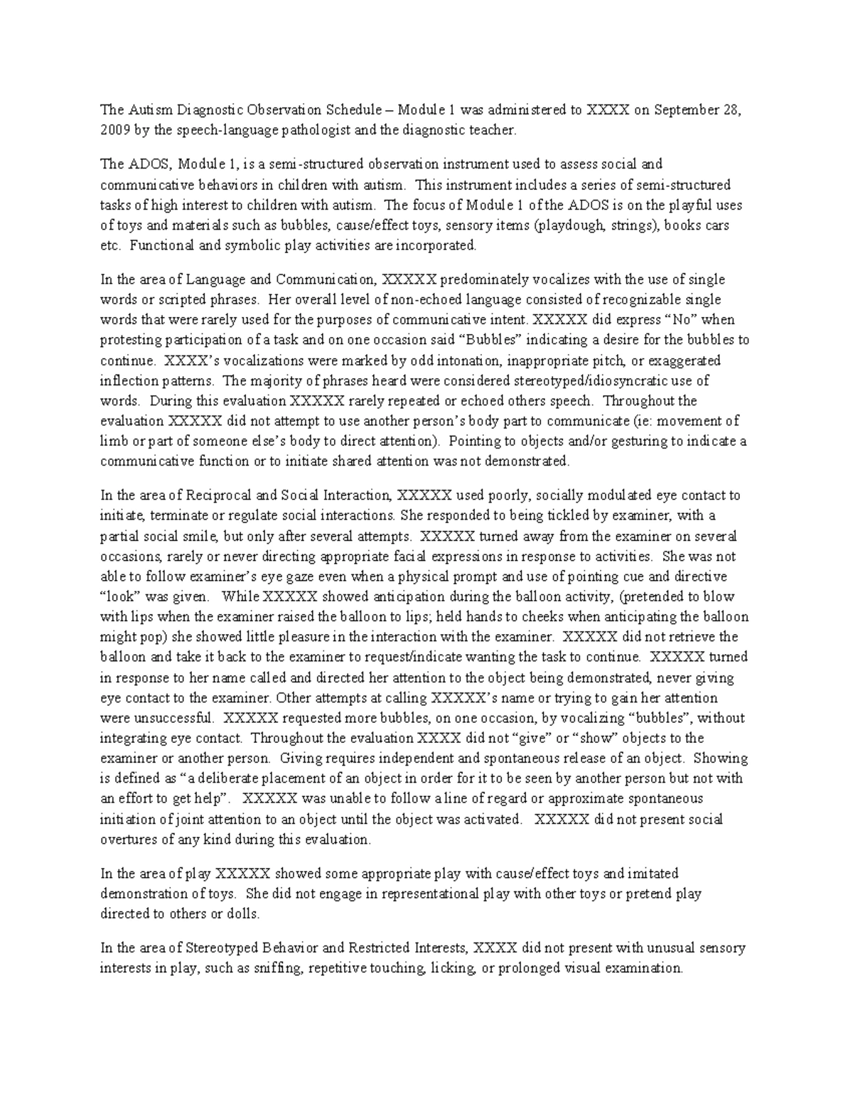 ADOS Module 1 Evaluation Report: Autism Spectrum Disorder Insights ...
