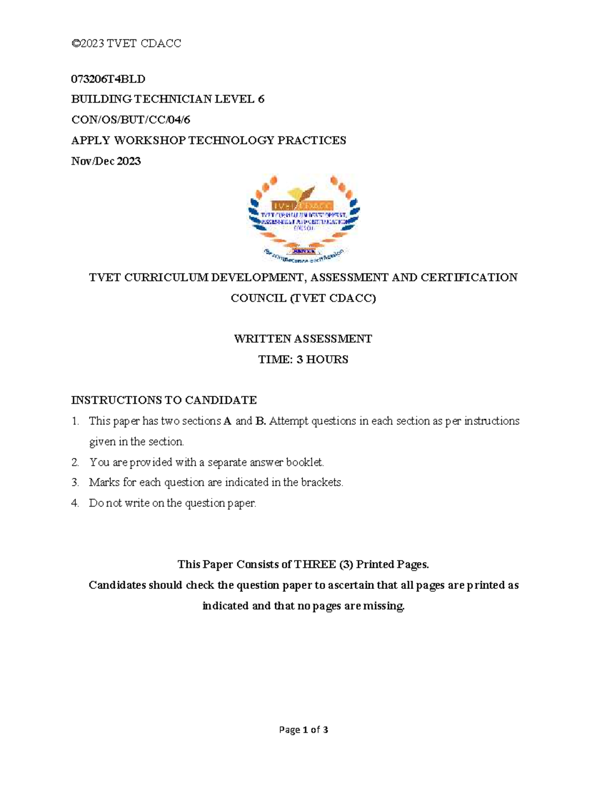 Workshop Technology Written Assessment - Building Technician Level 6 ...