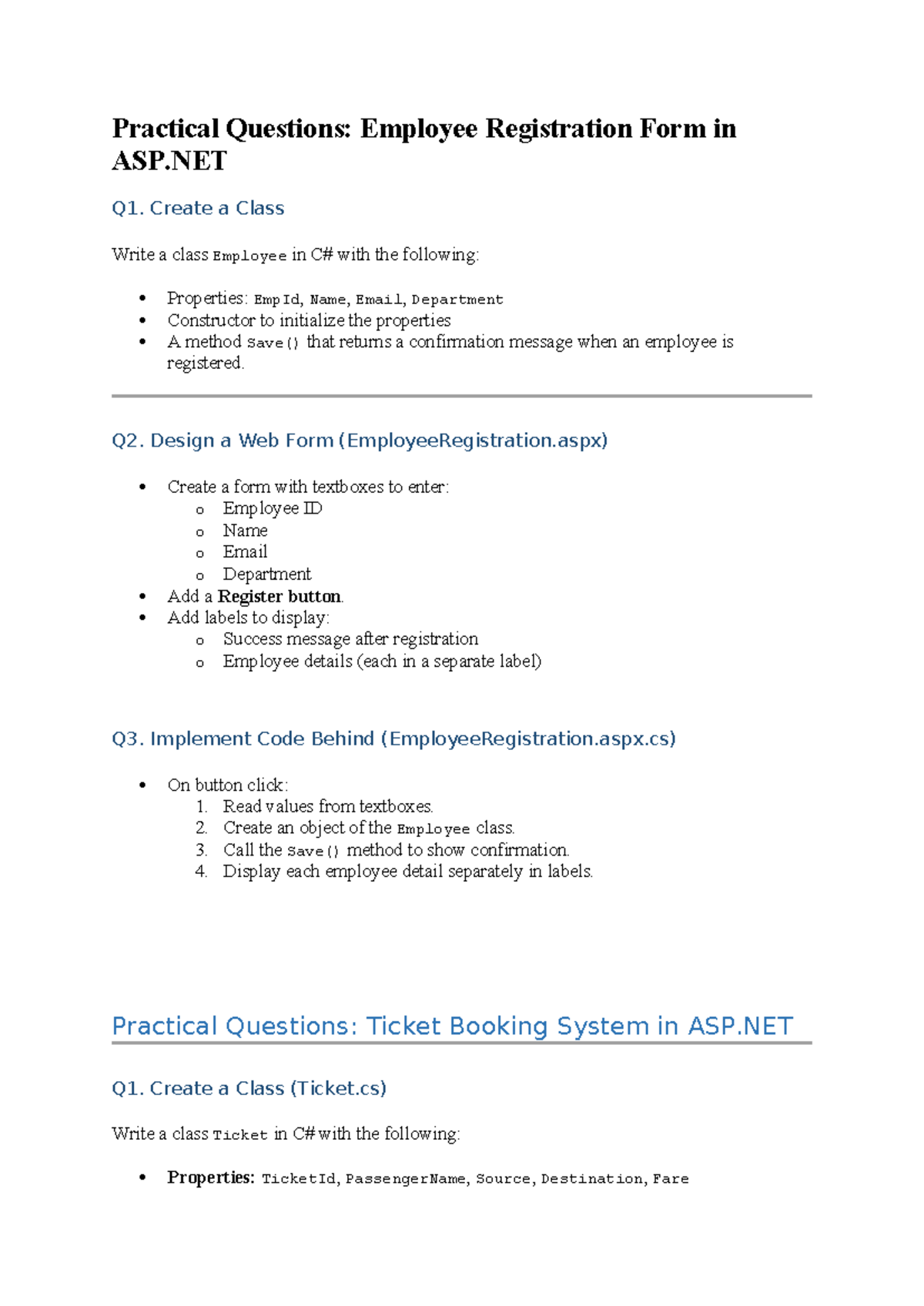 Practical Questions: Employee Registration & Ticket Booking in ASP.NET ...