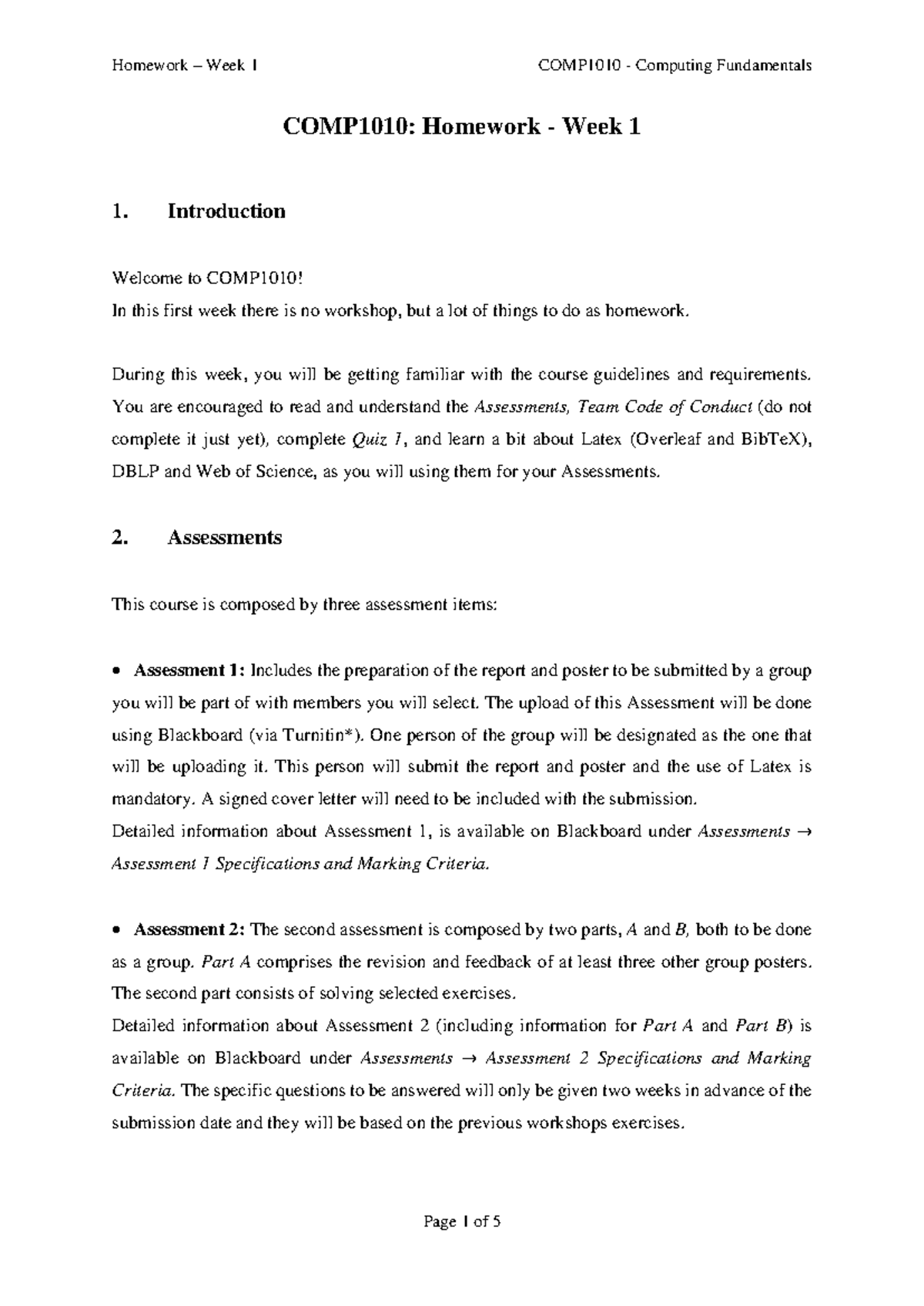 COMP1010 - Homework Overview for Week 1 Activities - Studocu