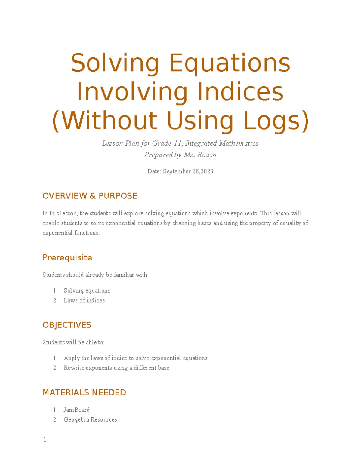 Pure math Lesson Plan - Grade 12 Pure Mathematics Topic: Relationship ...