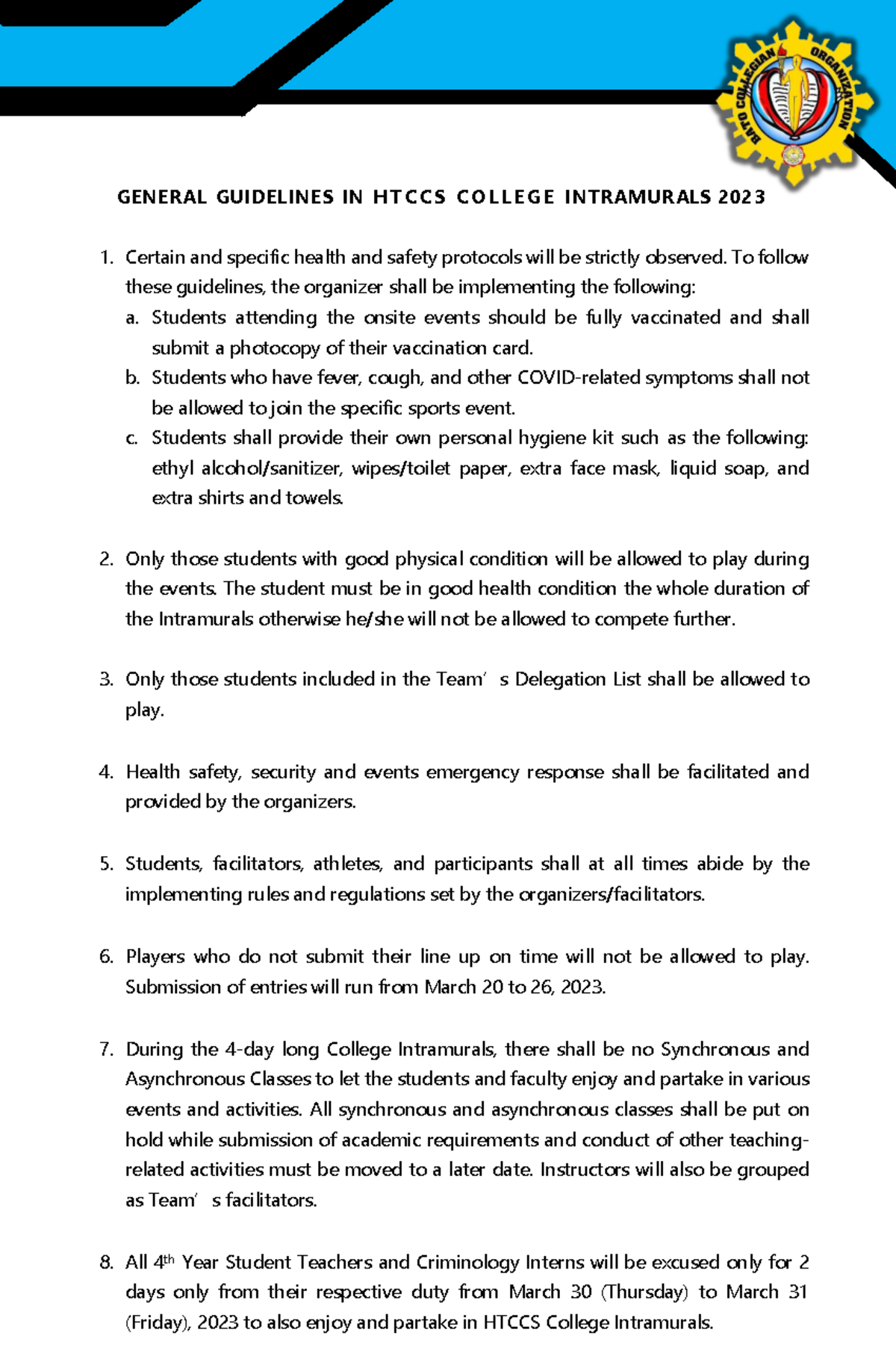 Guidelines and Criteria for HTCCS College Intramurals & Litmustada 2023 ...