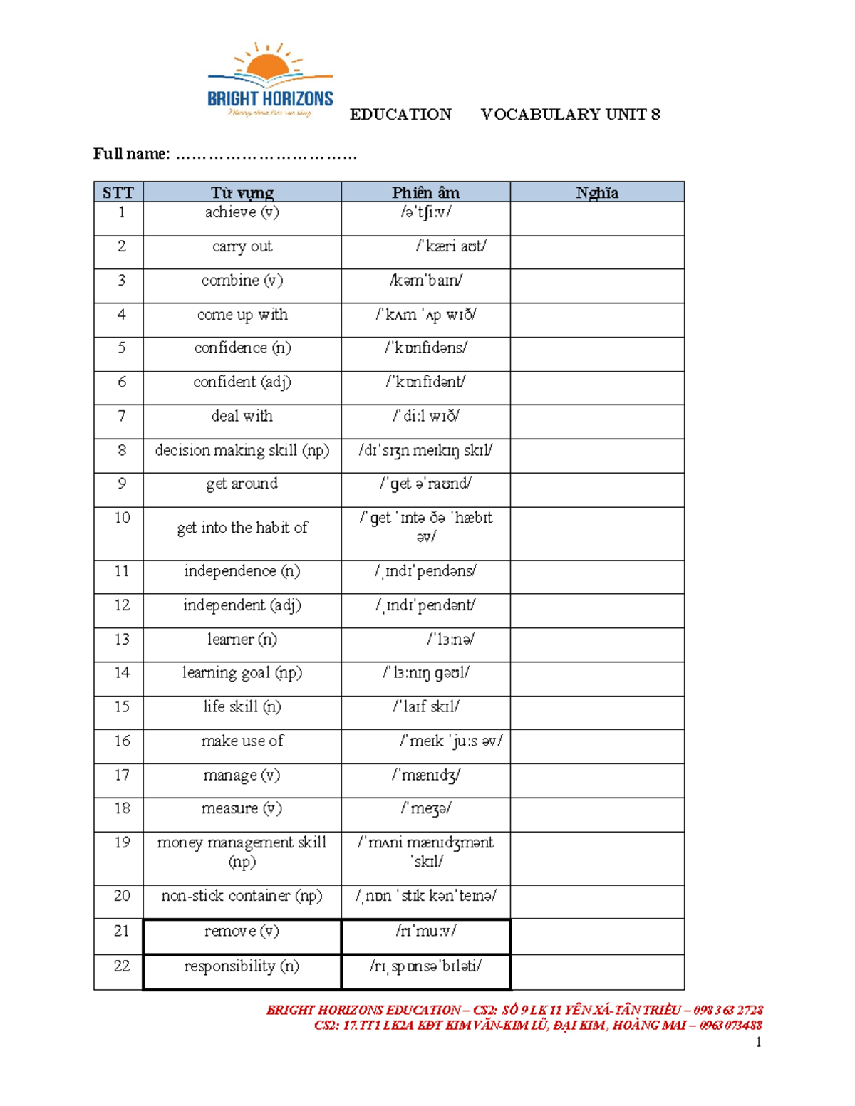 Education Vocabulary Unit 8: Key Terms and Their Meanings - Studocu